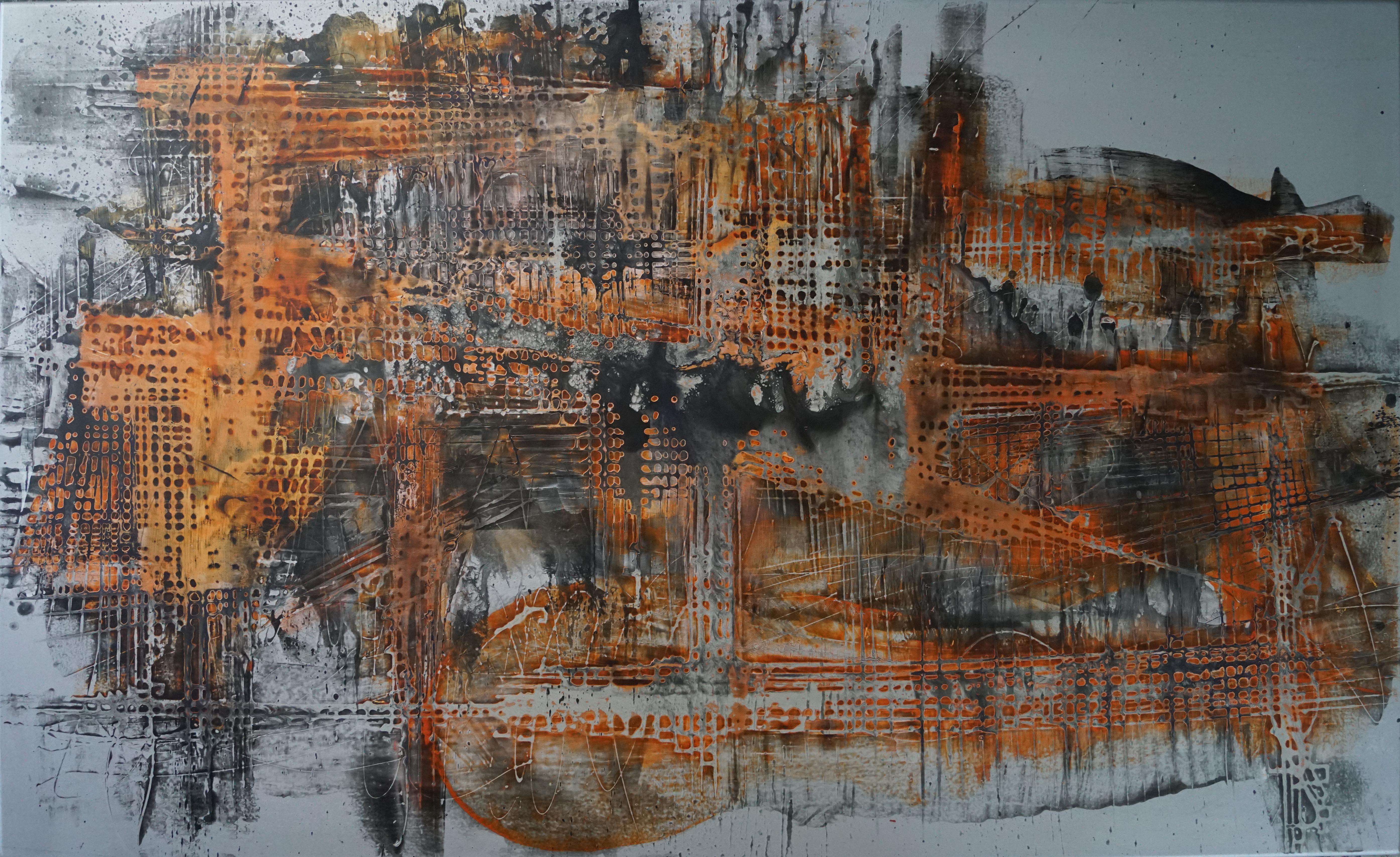 Abstract Painting Olivier Ebel - abstrait Pigment de vernis "inflammable  Panneau en bois noir et orange 91x150 cm