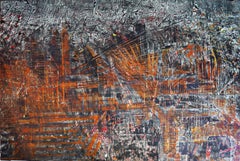 "Urban atmosphere" abstract painting  varnishes pigment on wood  138x92cm
