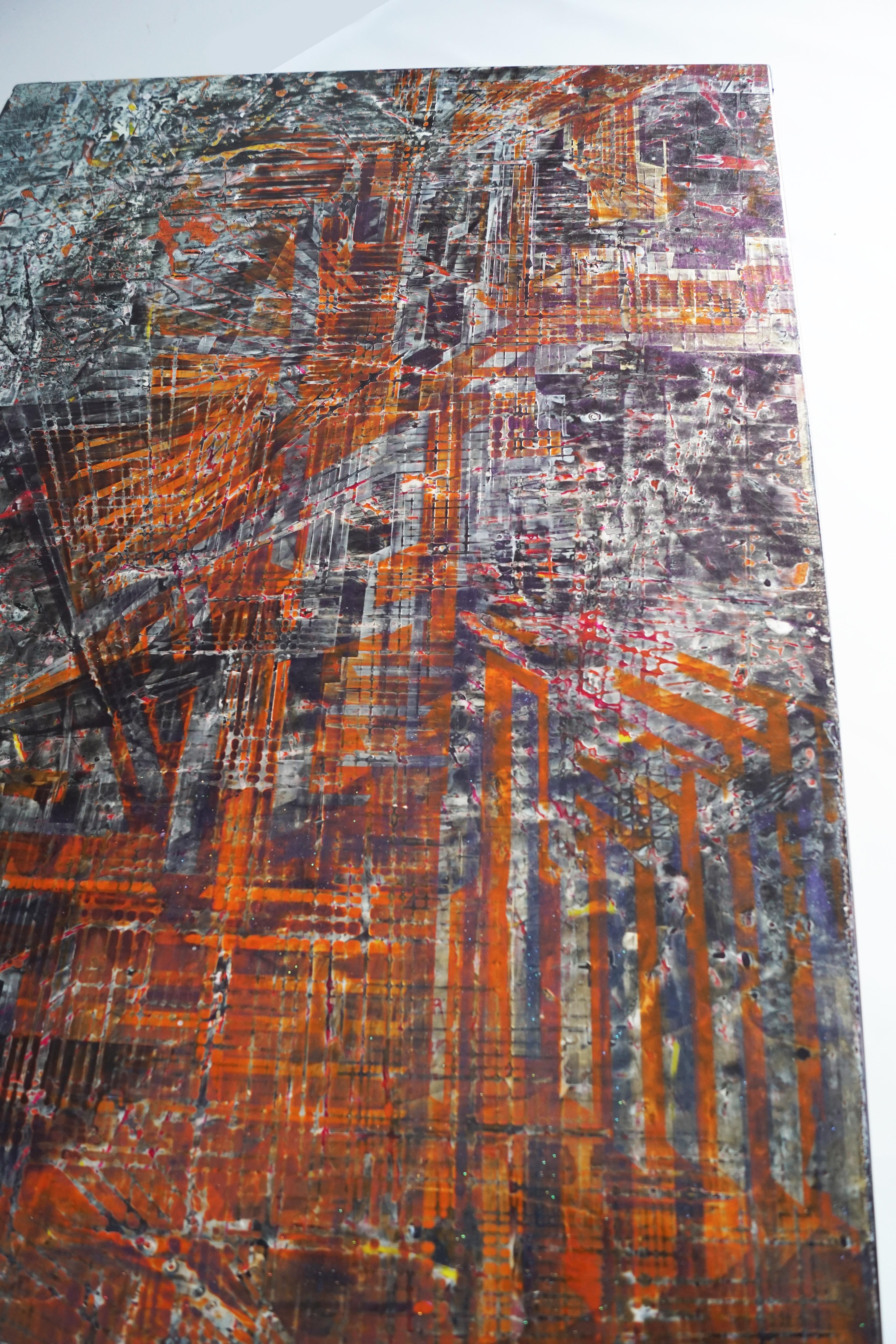 Abstract Painting di Olivier Ebel - "Pittura astratta "Atmosfera urbana  vernici a pigmento su legno  138x92cm