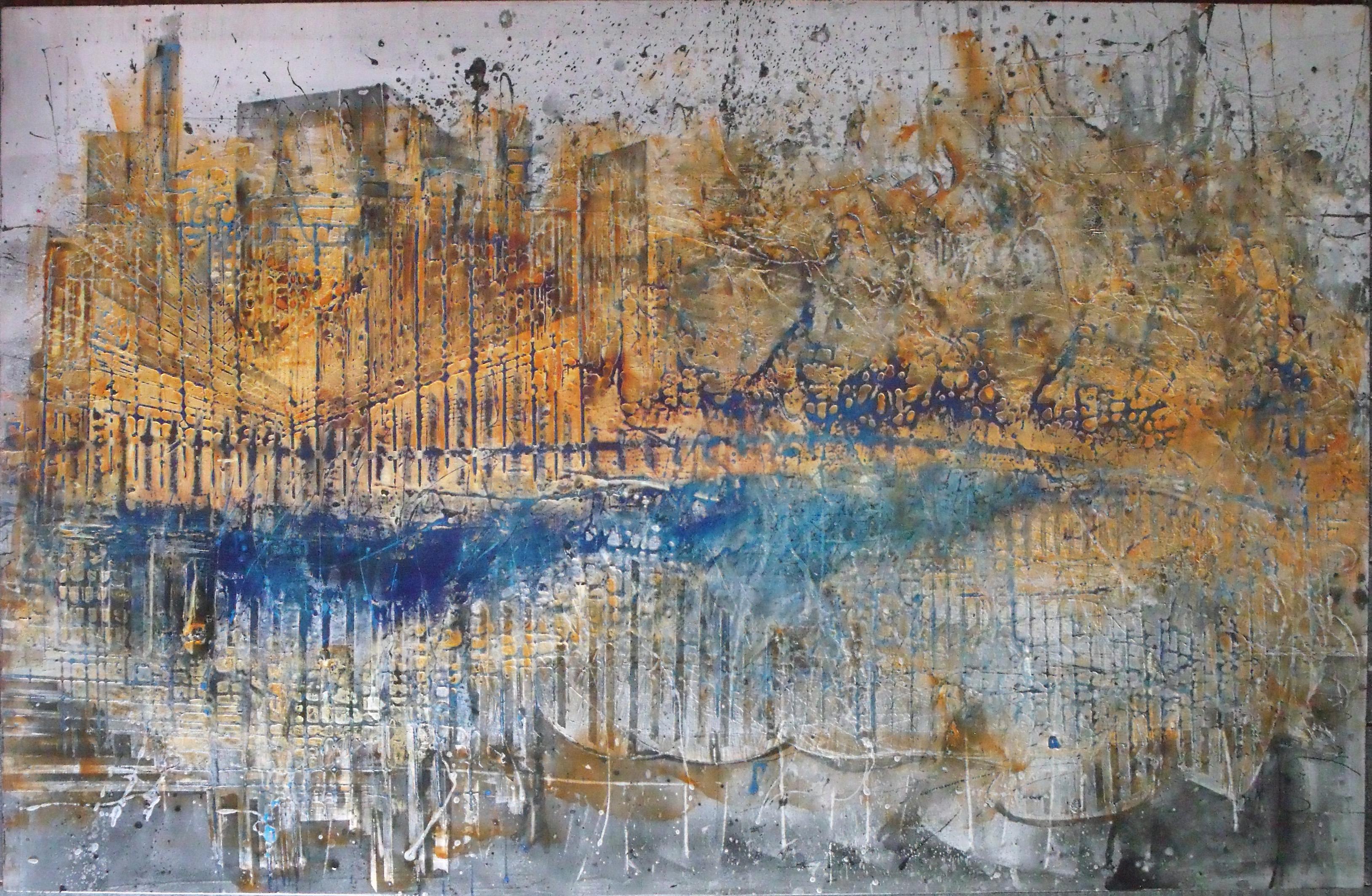 abstract "Sea of fire" spray varnish pigments on  wood 153x100cm