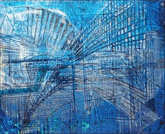 Abstrakte „Blue iels“ abstrakte, Sprühlackierungspigmente auf Holz 124x100cm