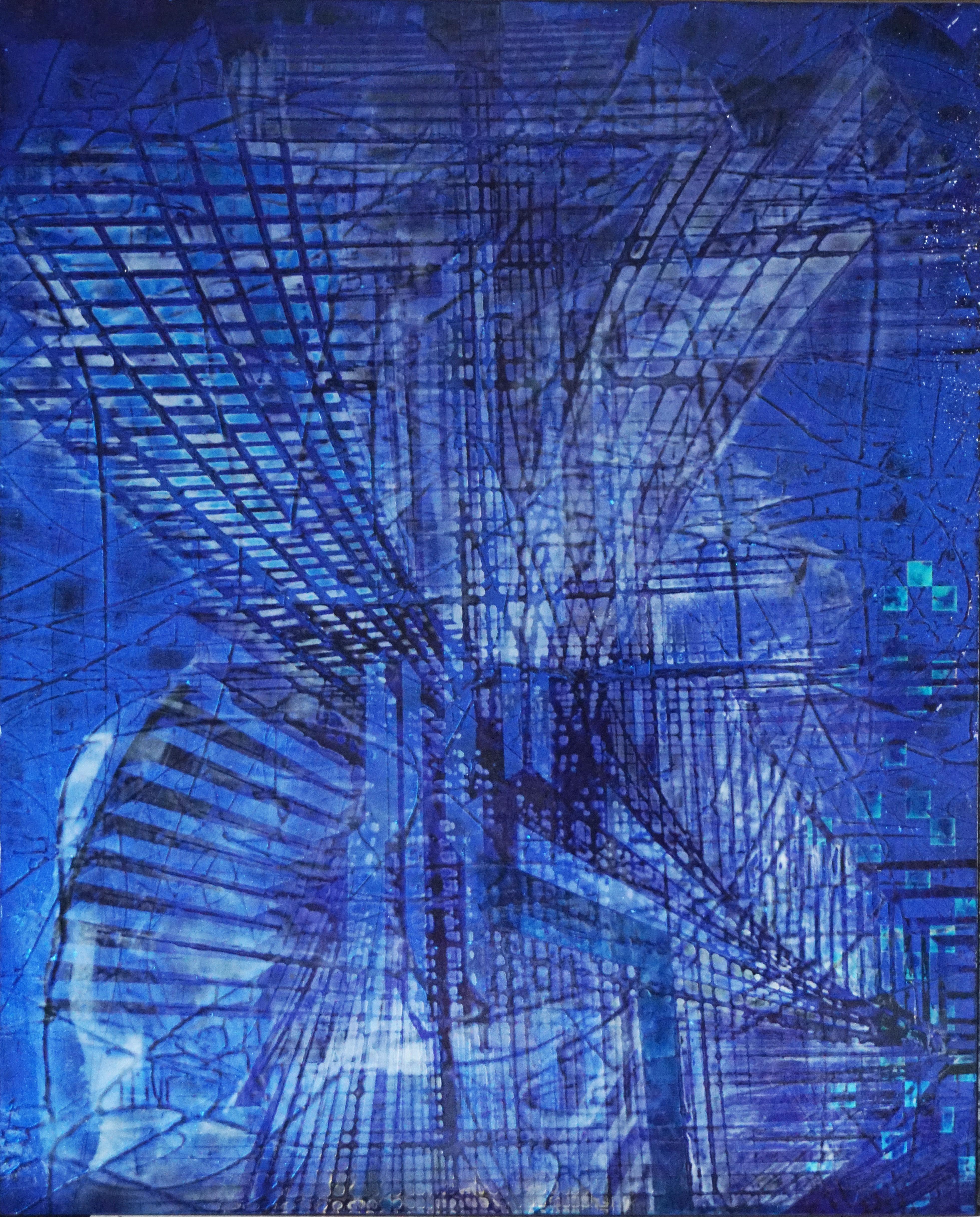 "Blue iels" astratto, pigmenti di vernice spray su  Wood 124x100cm