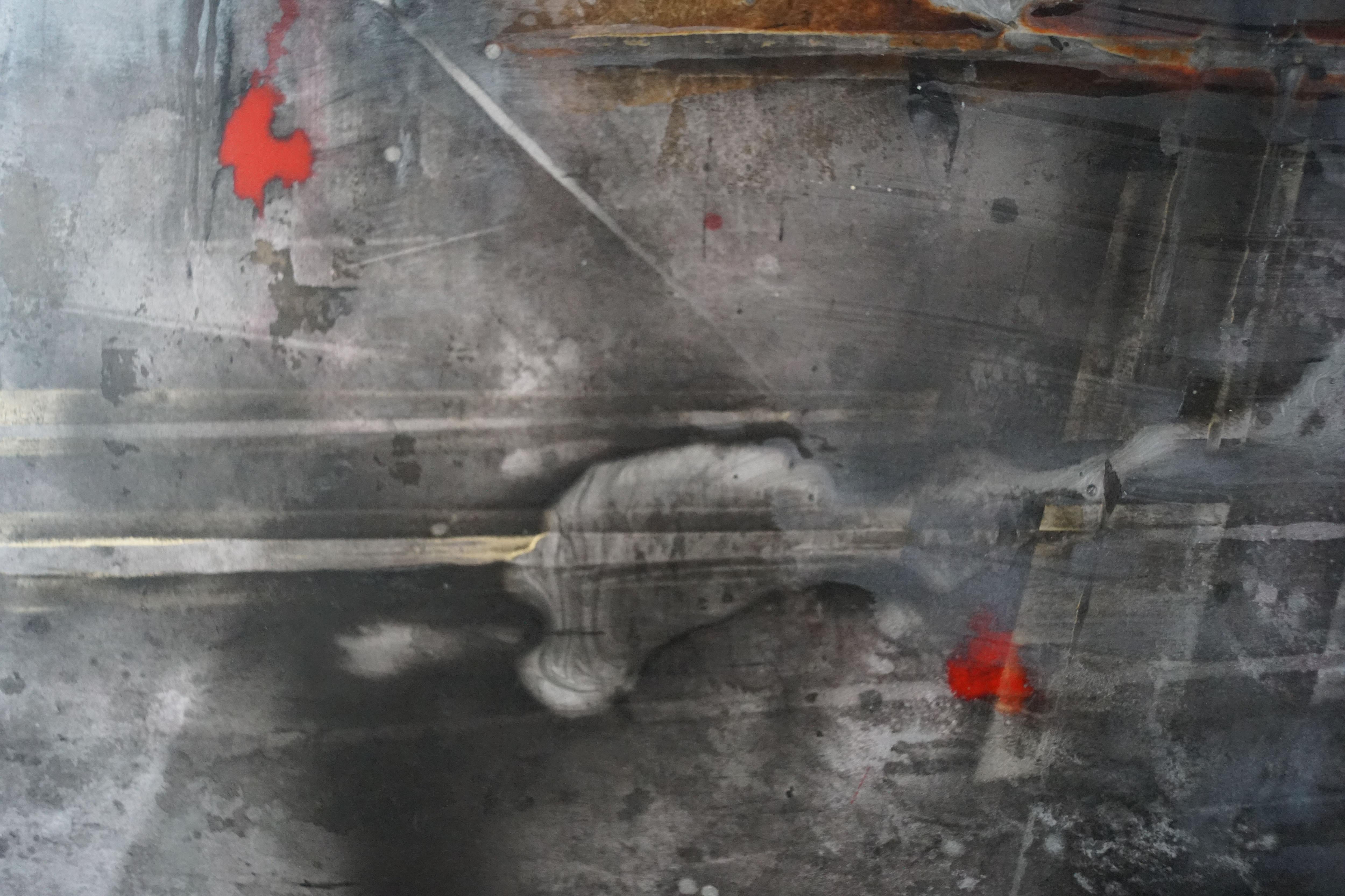 Peinture abstraite  ville fantme   Vernis au pigment sur bois 108 x77 cm - Painting de Olivier Ebel