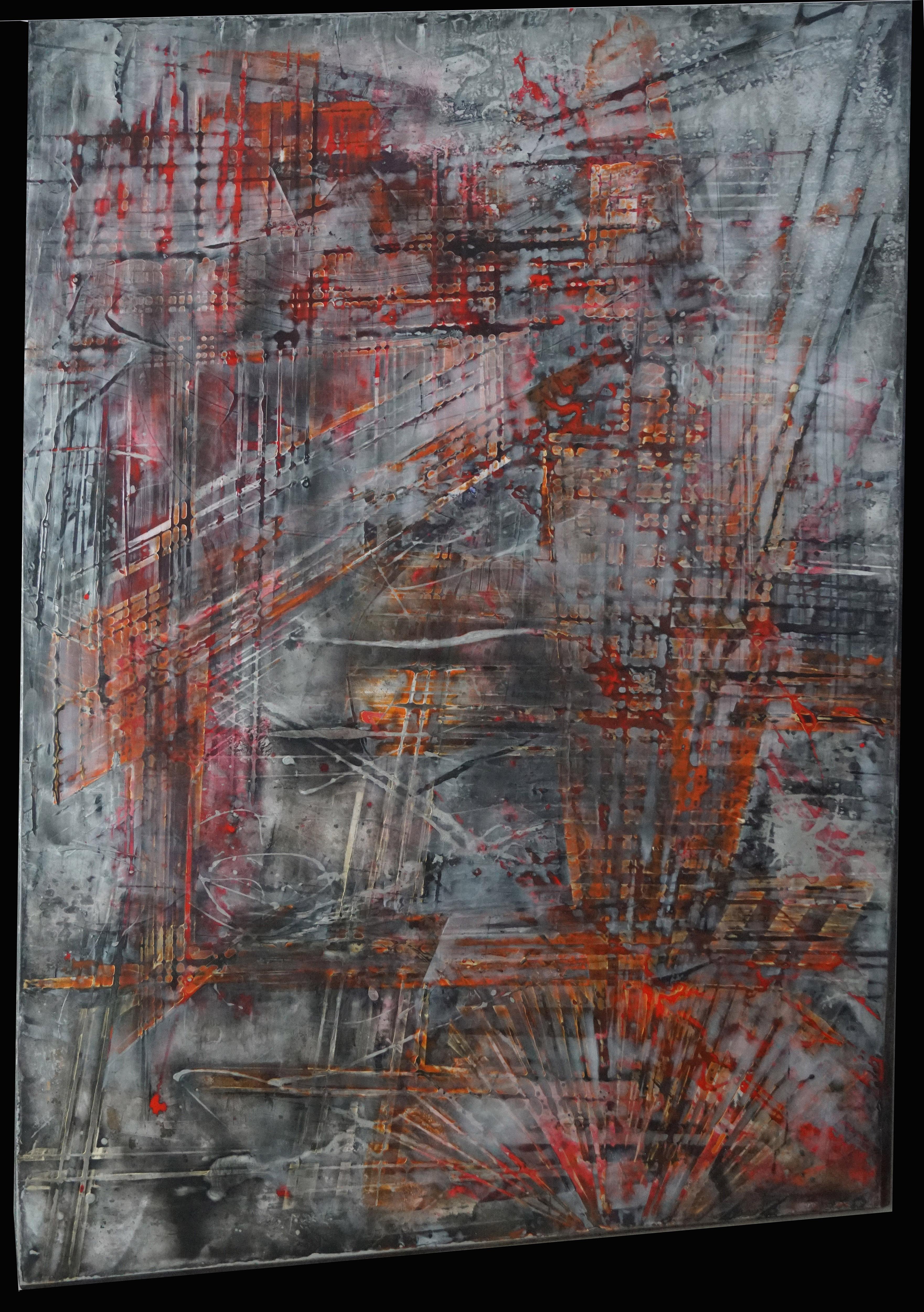 Olivier Ebel Abstract Painting - "Ghost town" abstract painting  varnishes pigment on wood 108x77 cm