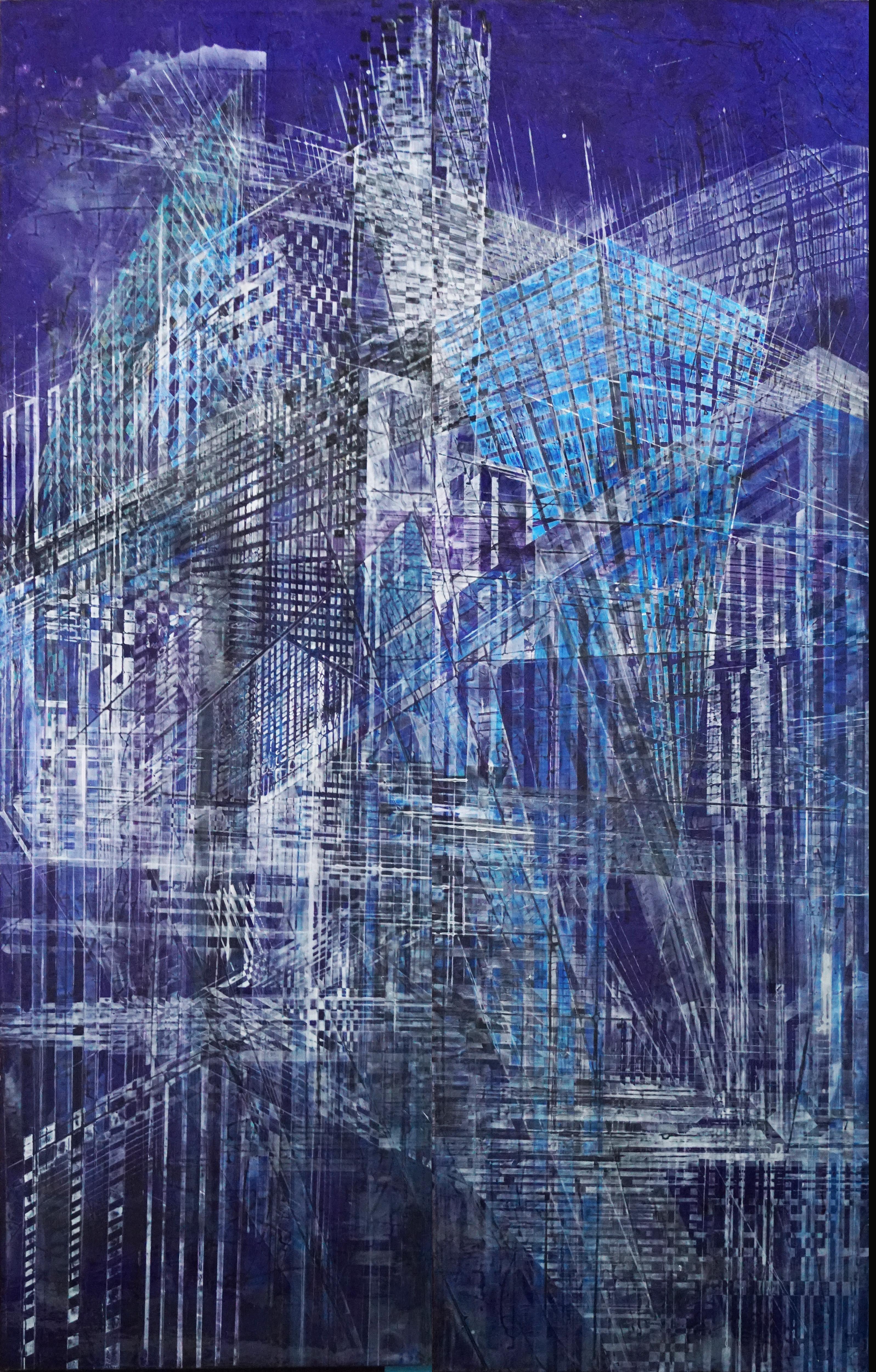 Interior Painting di Olivier Ebel - "La vie en double", astratto, pigmenti di vernice spray su  Wood 250x80cm