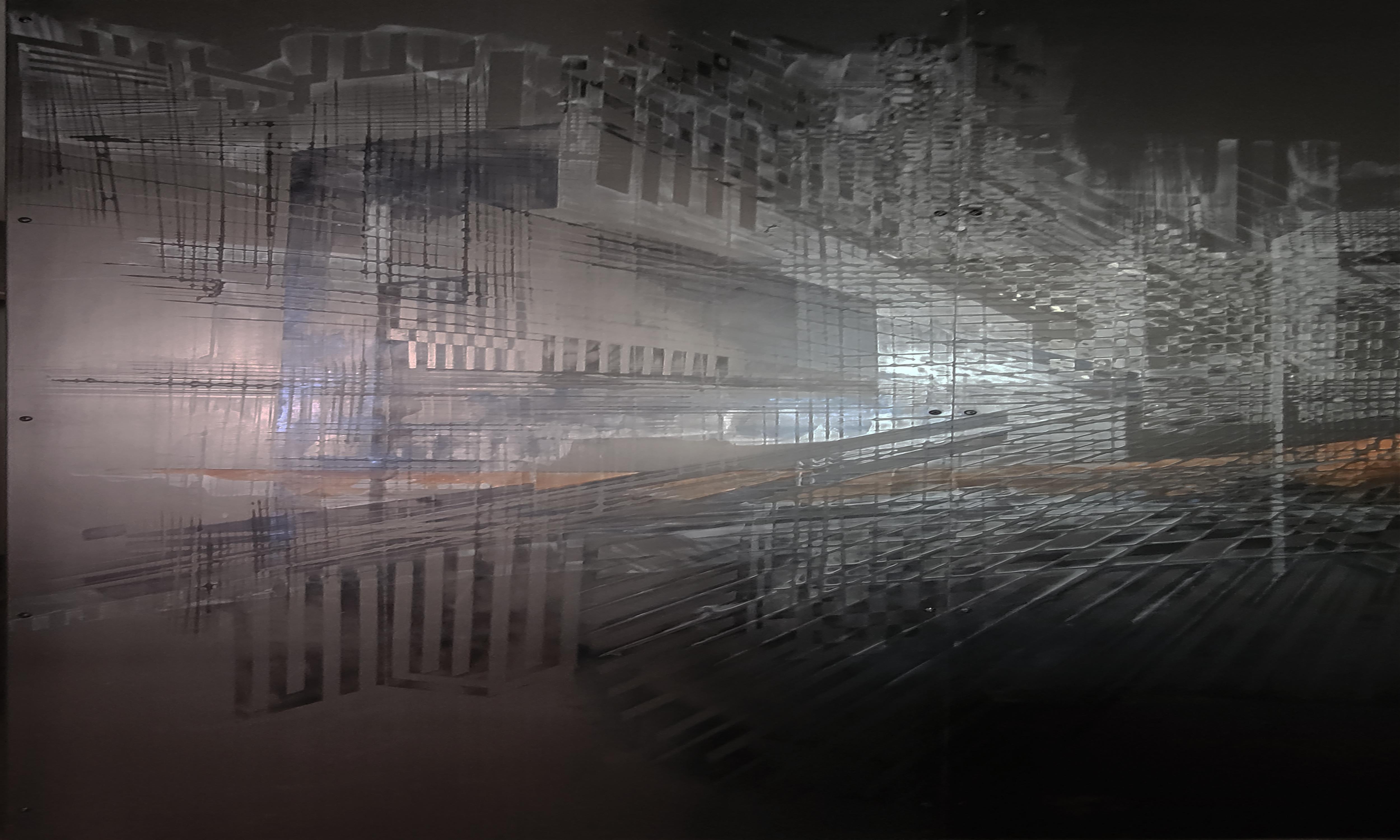 Interior Painting Olivier Ebel - "No name 585" abstrait, vernis au pistolet pigments sur  Wood 250x80cm