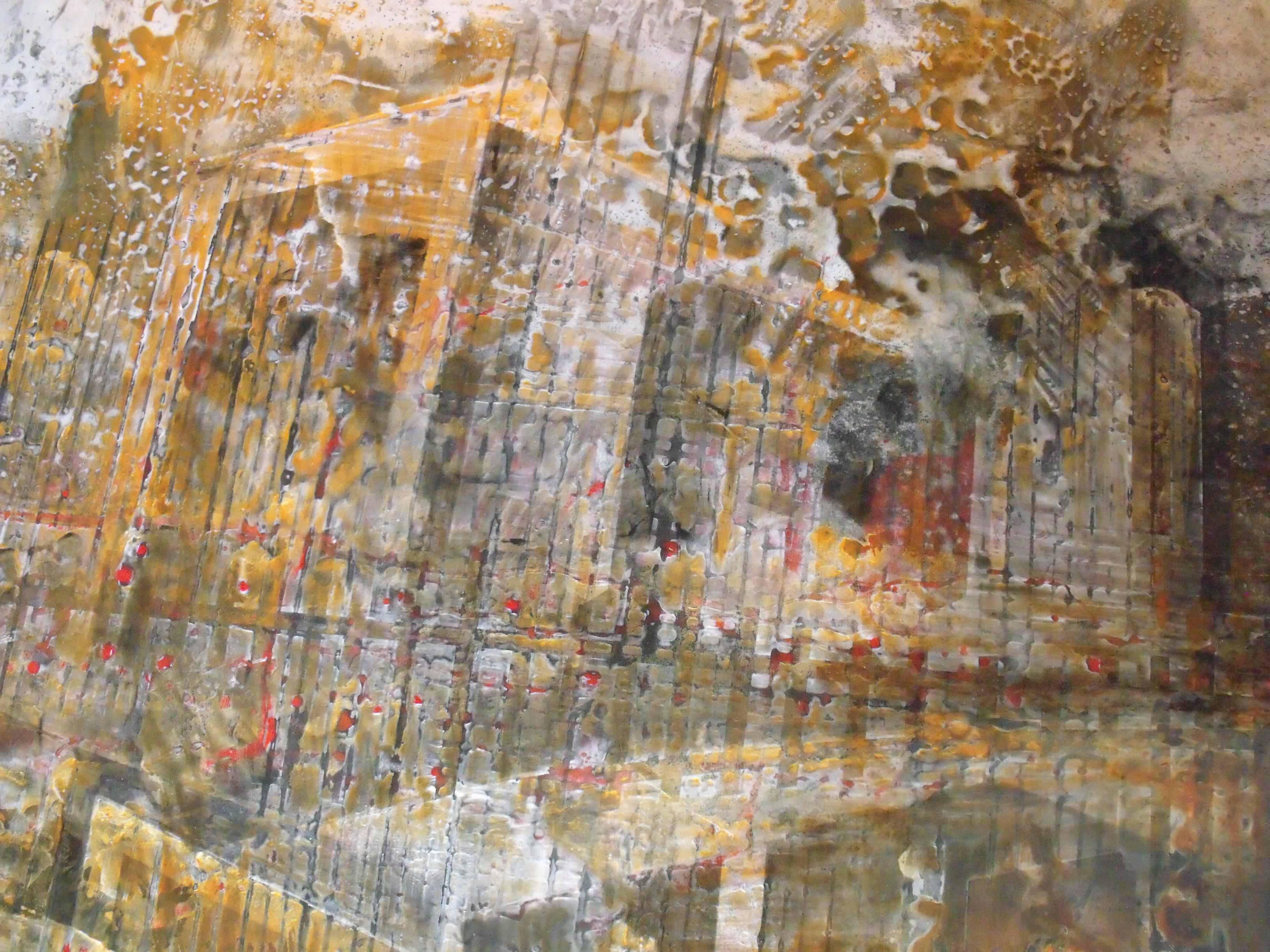 In diesem abstrakten Gemälde erschafft Olivier Ebel eine Welt, die zugleich vertraut und fremd ist. Bunte geometrische Formen vermischen sich in einem organisierten Chaos, das ein Gefühl von Spannung und Dynamik erzeugt.
Im Vordergrund überlagern