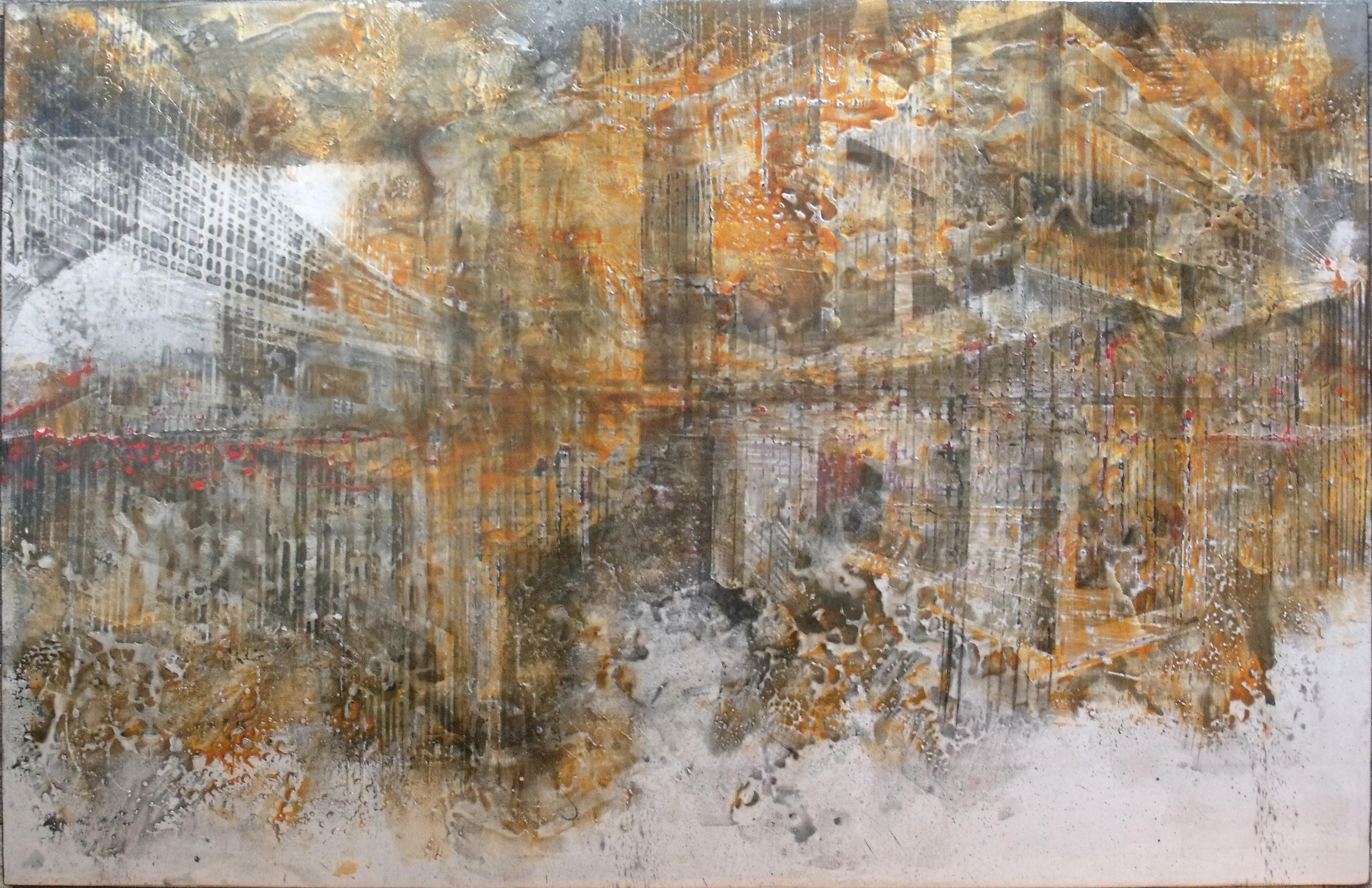 "Organized clutter" abstract spray varnish pigments on  wood 153x100cm