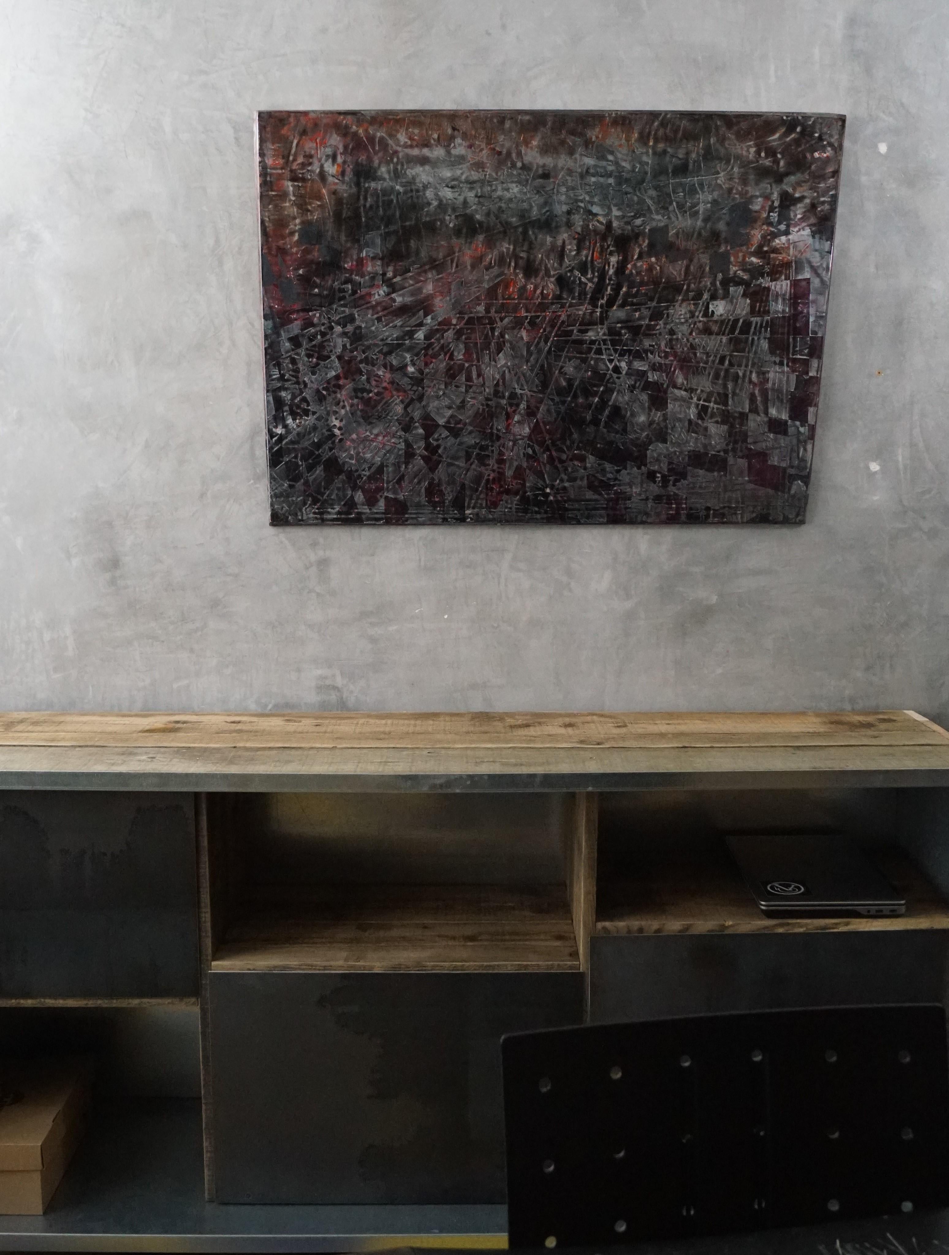 „Recomposition“ Abstraktes Gemälde mit Lackpigment auf Holzplatte 77x115cm – Painting von Olivier Ebel