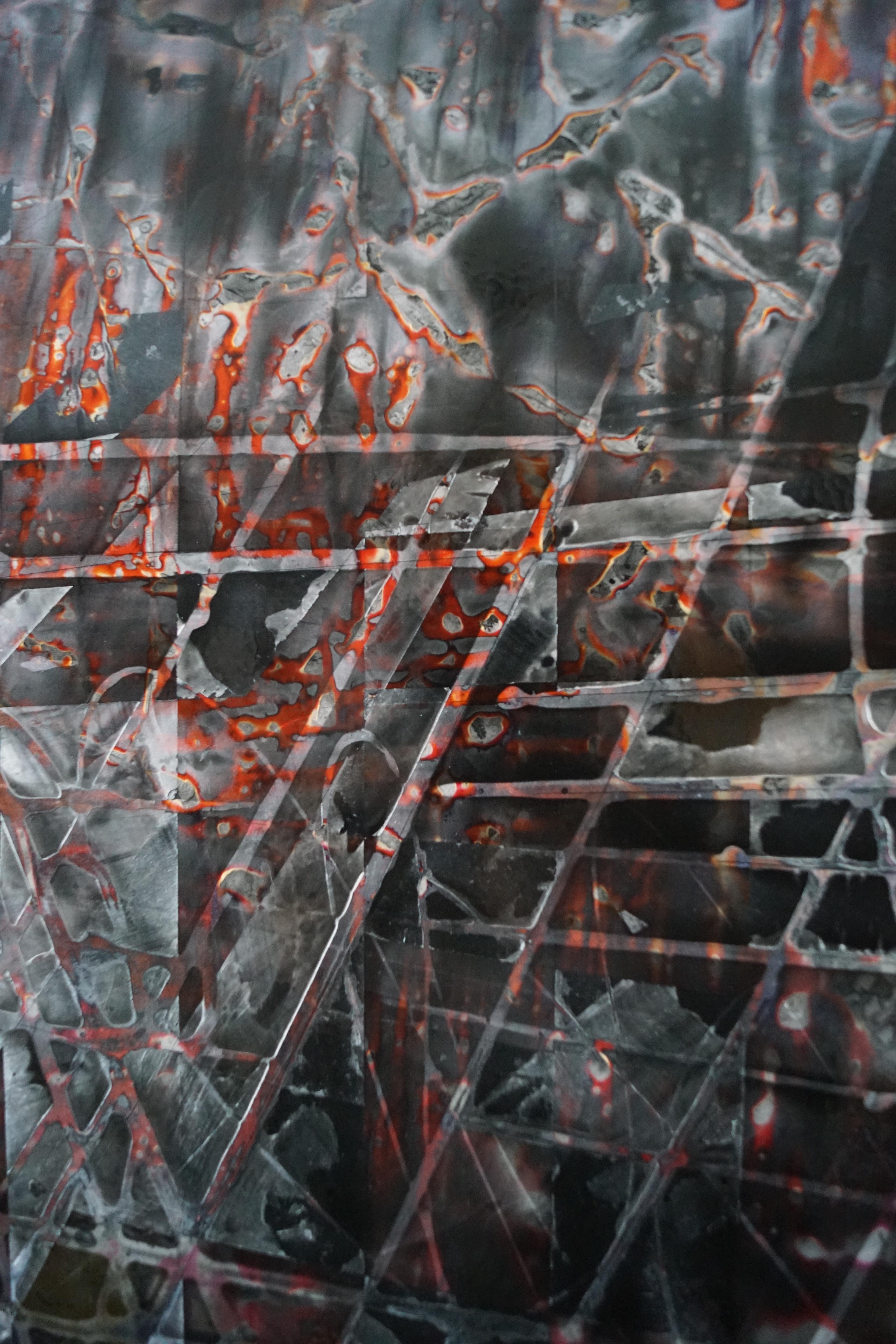 „Recomposition“ Abstraktes Gemälde mit Lackpigment auf Holzplatte 77x115cm (Grau), Interior Painting, von Olivier Ebel