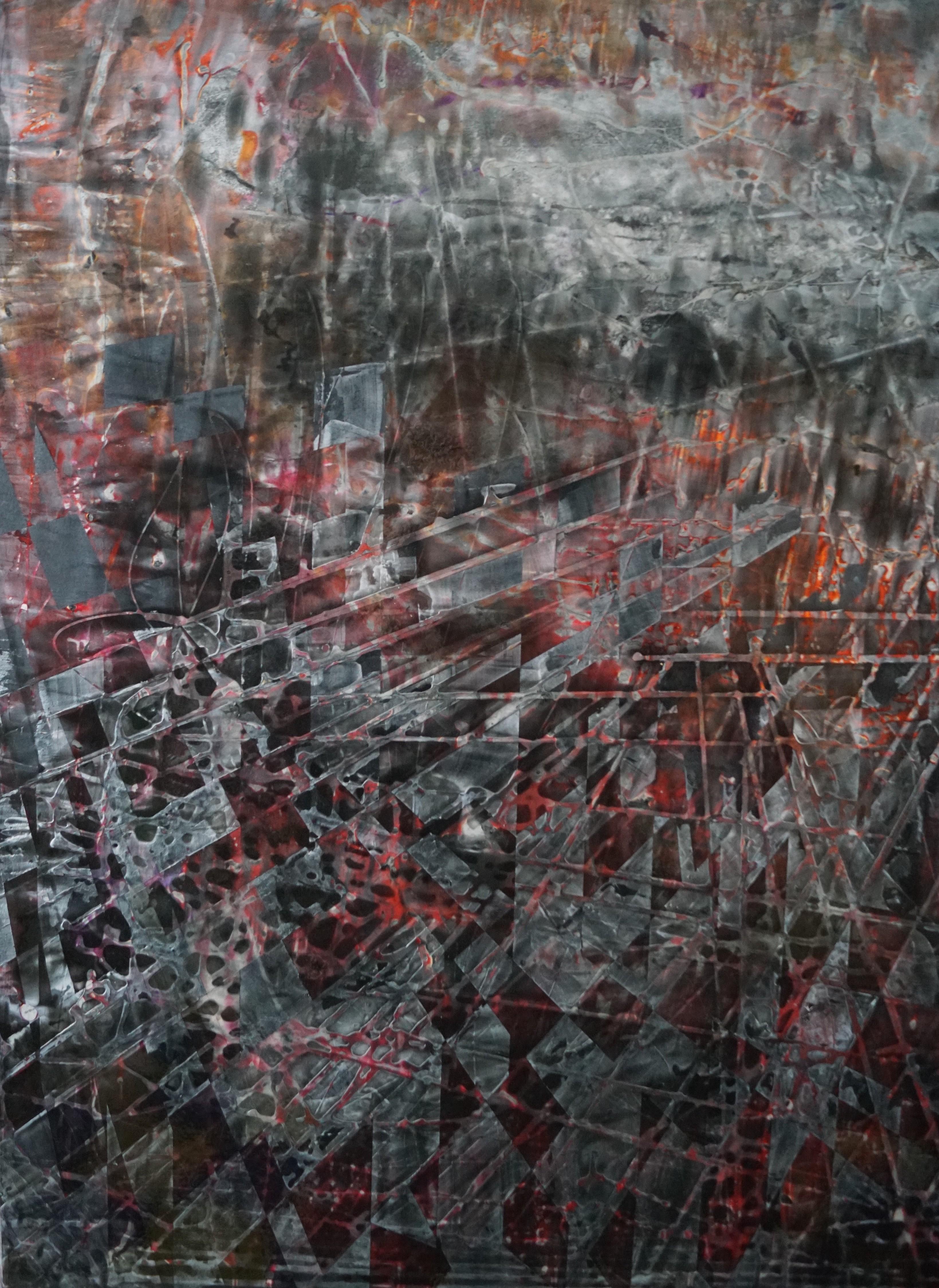 „Recomposition“ Abstraktes Gemälde mit Lackpigment auf Holzplatte 77x115cm im Angebot 1