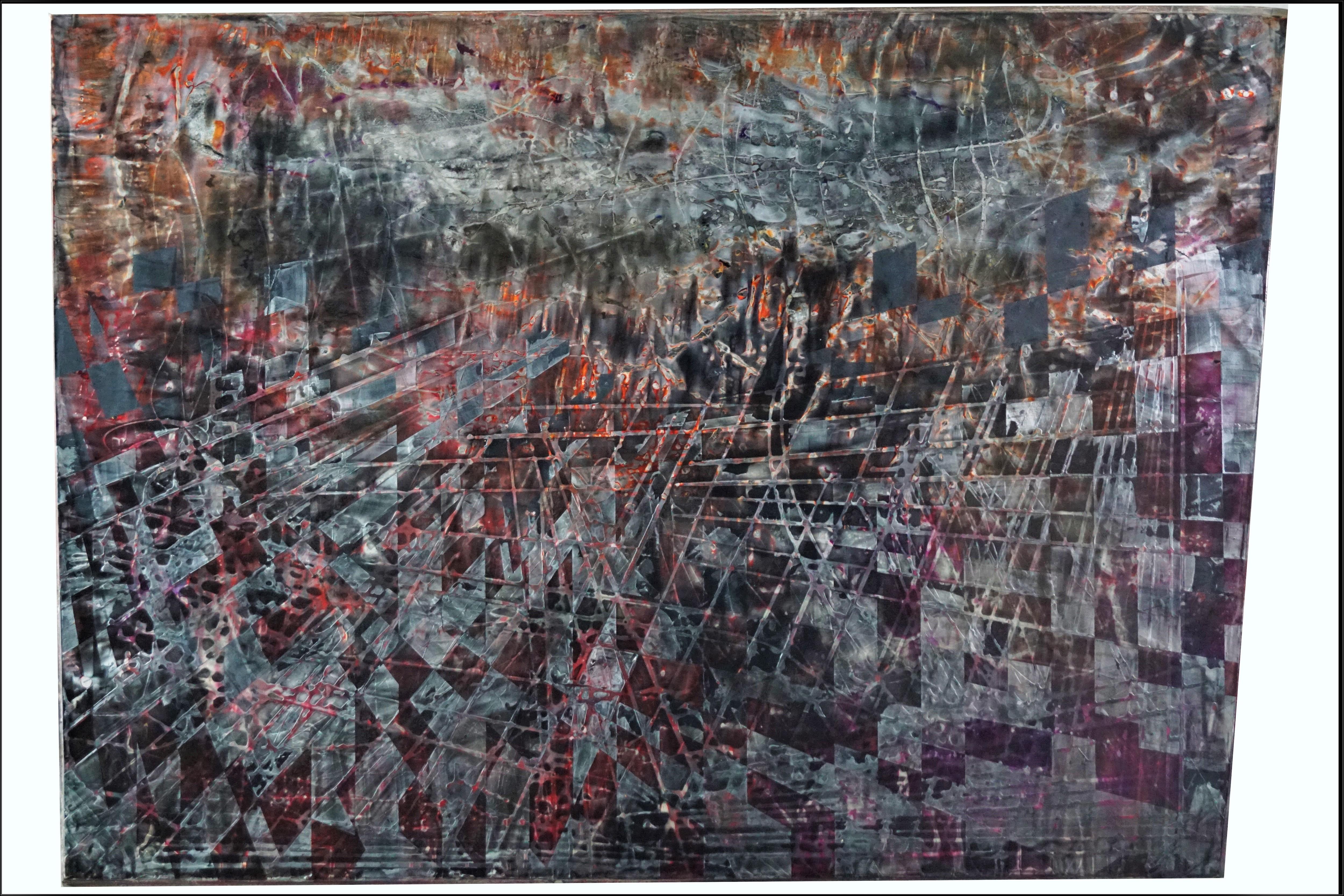 Peinture abstraite « Recomposition » au pigment de vernis sur panneau de bois 77x115 cm