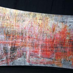 "Pittura astratta "Architettura rossa e oro-1 vernici a pigmento su legno