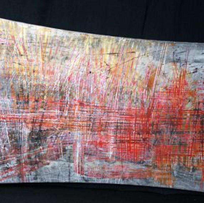 Olivier Ebel Abstract Painting - "Red and gold architecture-1" abstract painting  varnishes pigment on wood