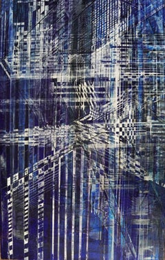 "The life in blue" abstract, spray varnish pigments on  wood 250x80cm