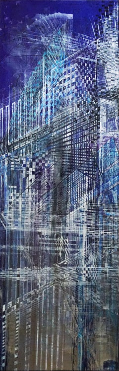 "The life in blue" abstract, spray varnish pigments on  wood 250x80cm