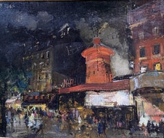 Olivier Foss Evening Cityscape Oil Painting, Paris Circa 1900 & Moulin Rouge