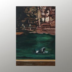 Oil on canvas painting of a dog, inspired by The Cornfield by John Constable