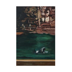 Oil on canvas painting of a dog, inspired by The Cornfield by John Constable