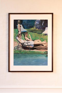 Oil on canvas painting of a family at the swimming pool, called 'Familienbild'