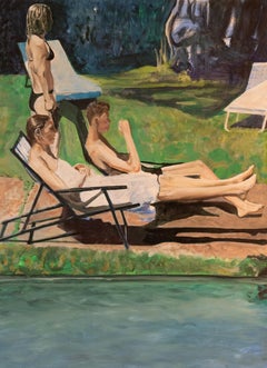 Oil on canvas painting of a family at the swimming pool, called 'Familienbild'