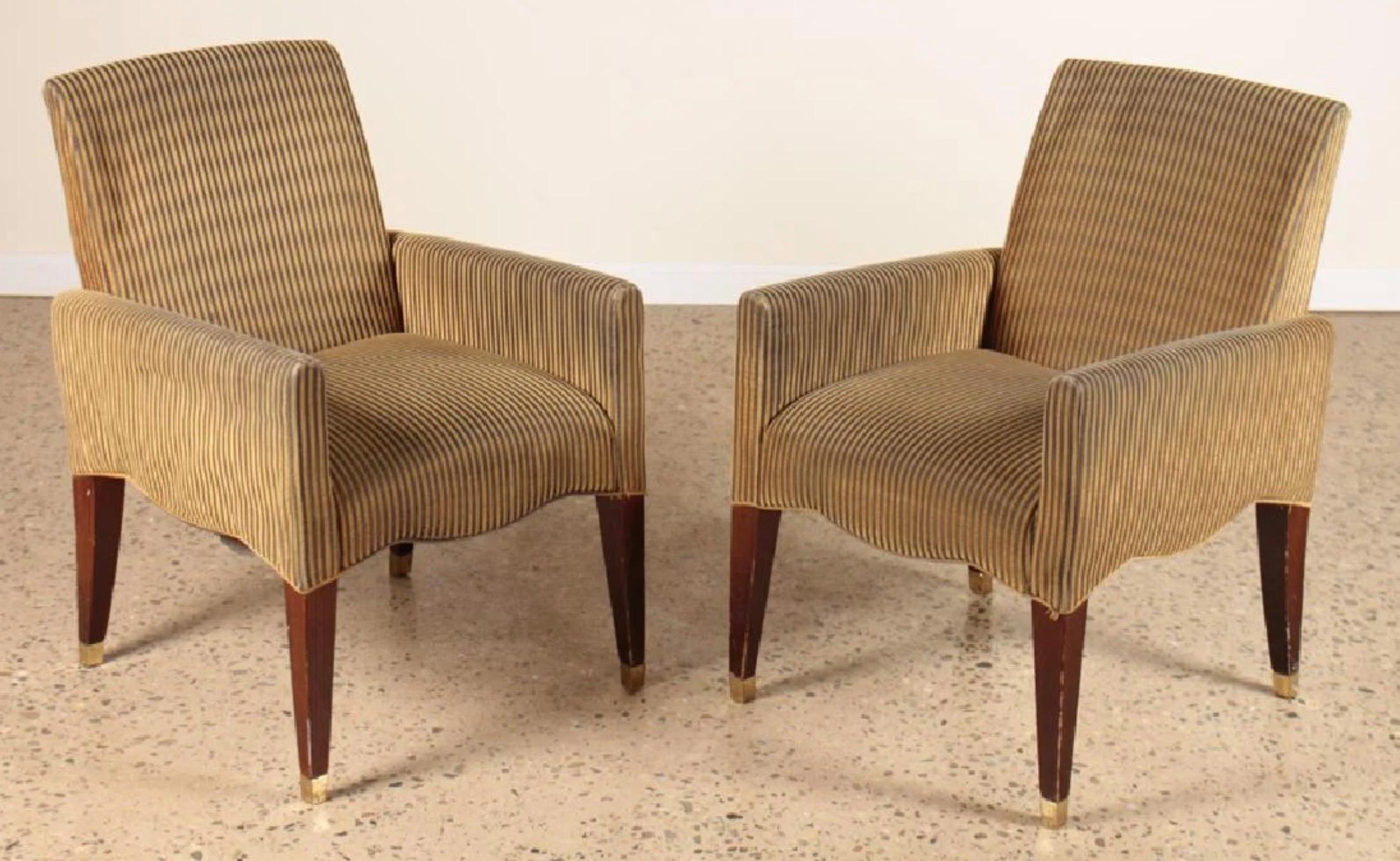 Olivier Gagnère gold striped velvet armchairs. Brass ring detail on chair back, and brass foot cap. Set of 6 chairs in total.