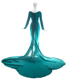 Olivier Guillemin turquoise crepe evening gown with train, c. 1980s