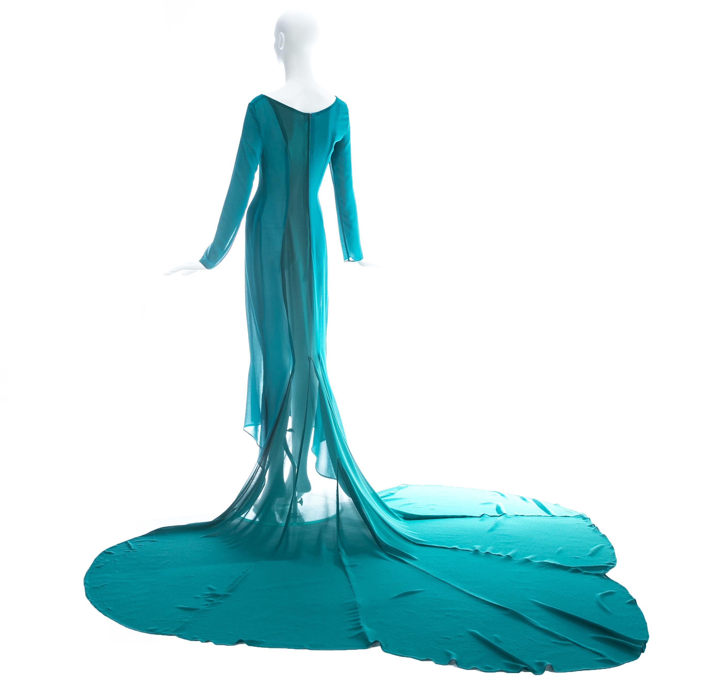 Blue Olivier Guillemin turquoise crepe evening gown with train, c. 1980s