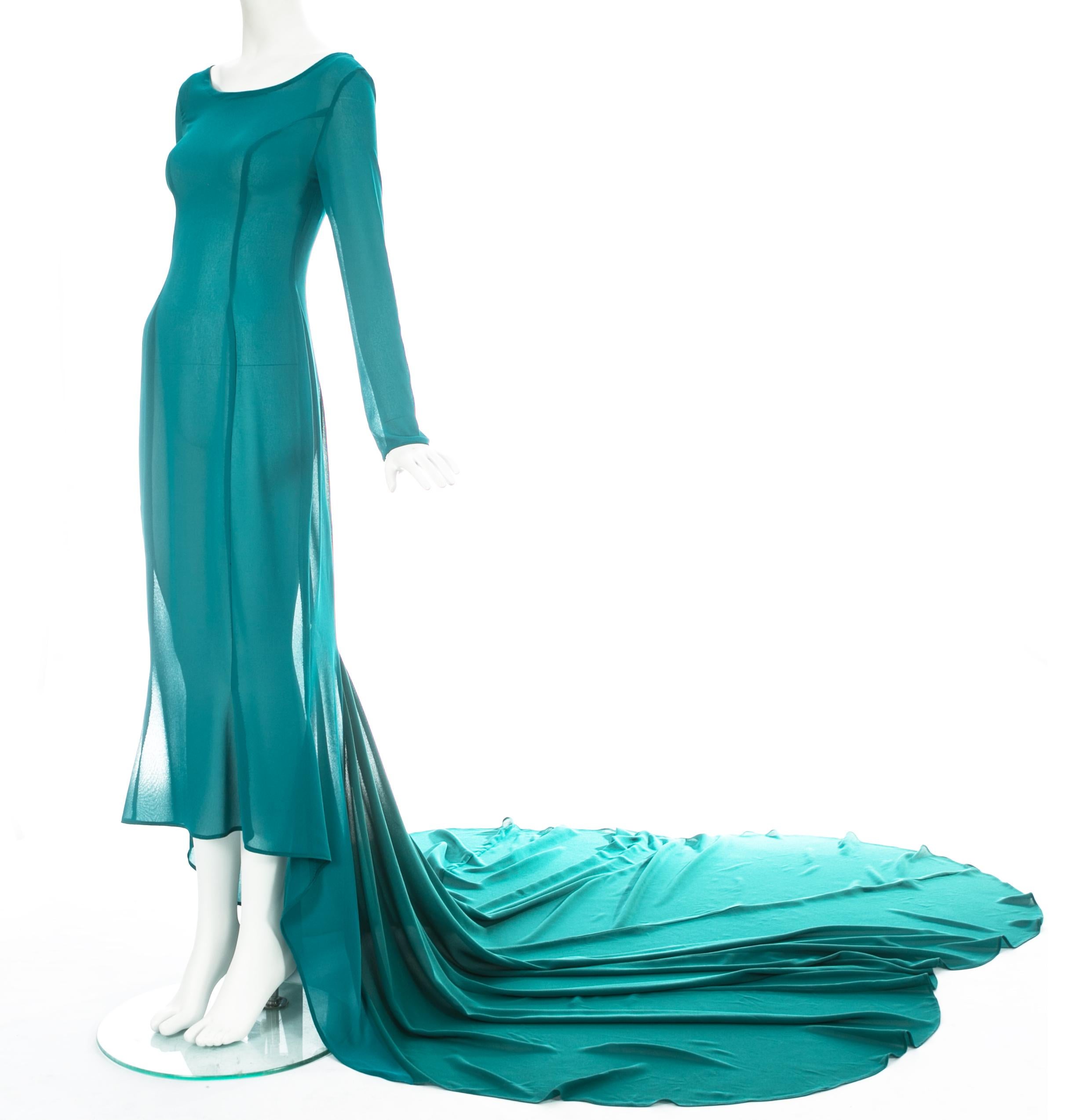 Olivier Guillemin turquoise crepe evening gown with train, c. 1980s In Excellent Condition For Sale In London, GB