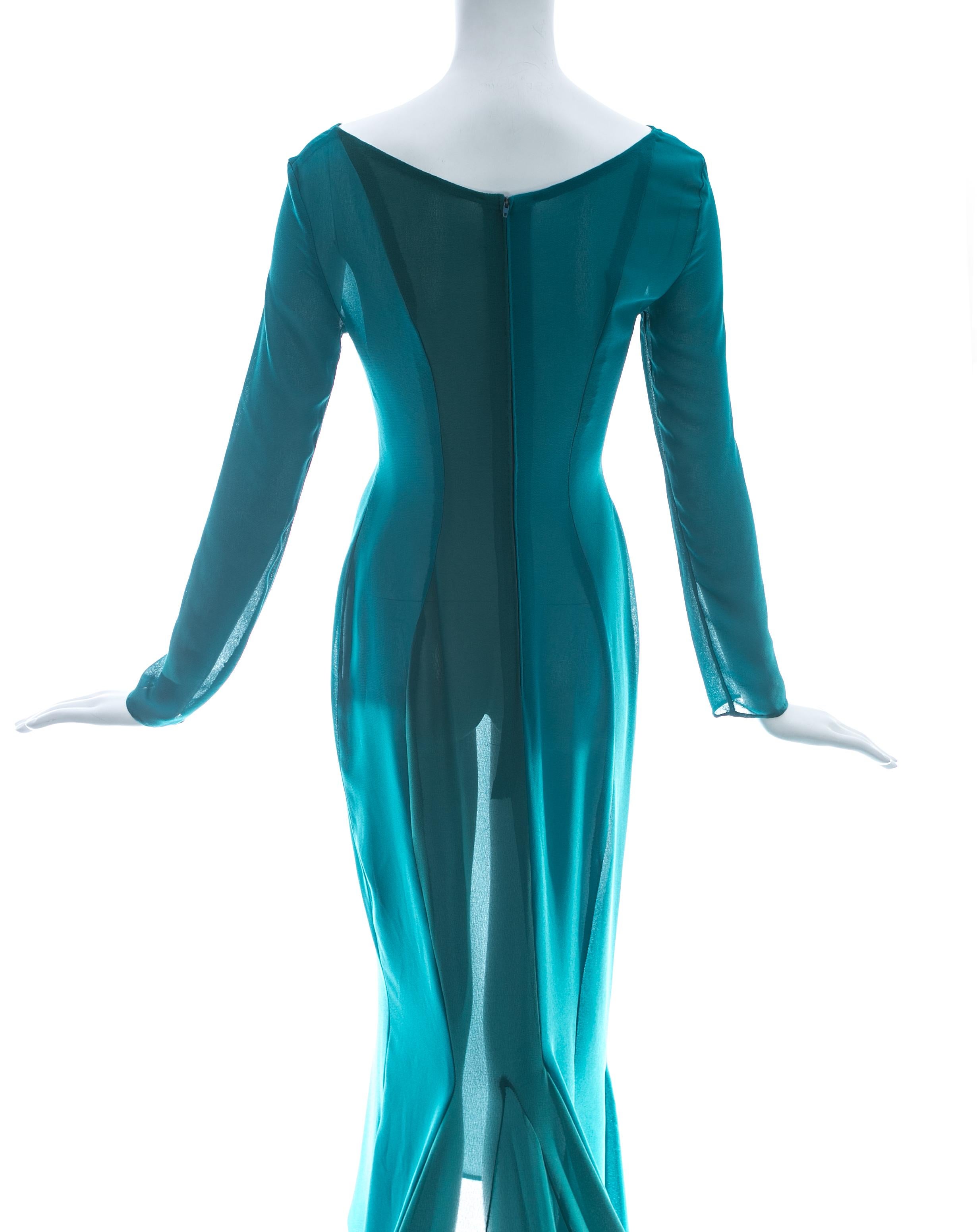 Women's or Men's Olivier Guillemin turquoise crepe evening gown with train, c. 1980s For Sale