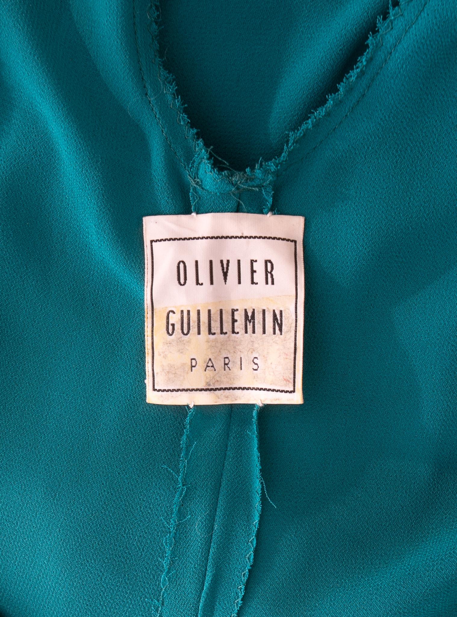 Olivier Guillemin turquoise crepe evening gown with train, c. 1980s 1