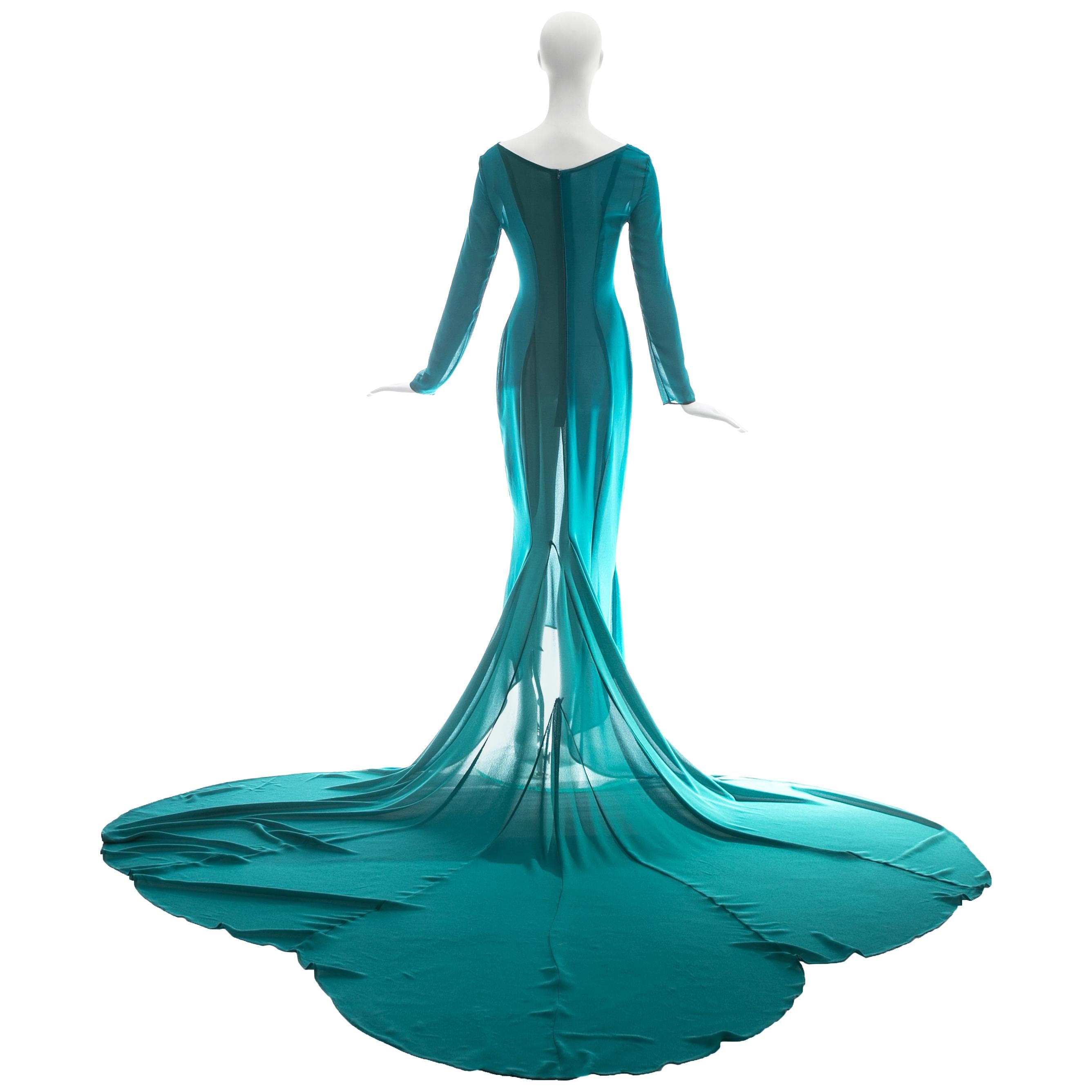 Olivier Guillemin turquoise crepe evening gown with train, c. 1980s For Sale