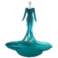 Olivier Guillemin turquoise crepe evening gown with train, c. 1980s