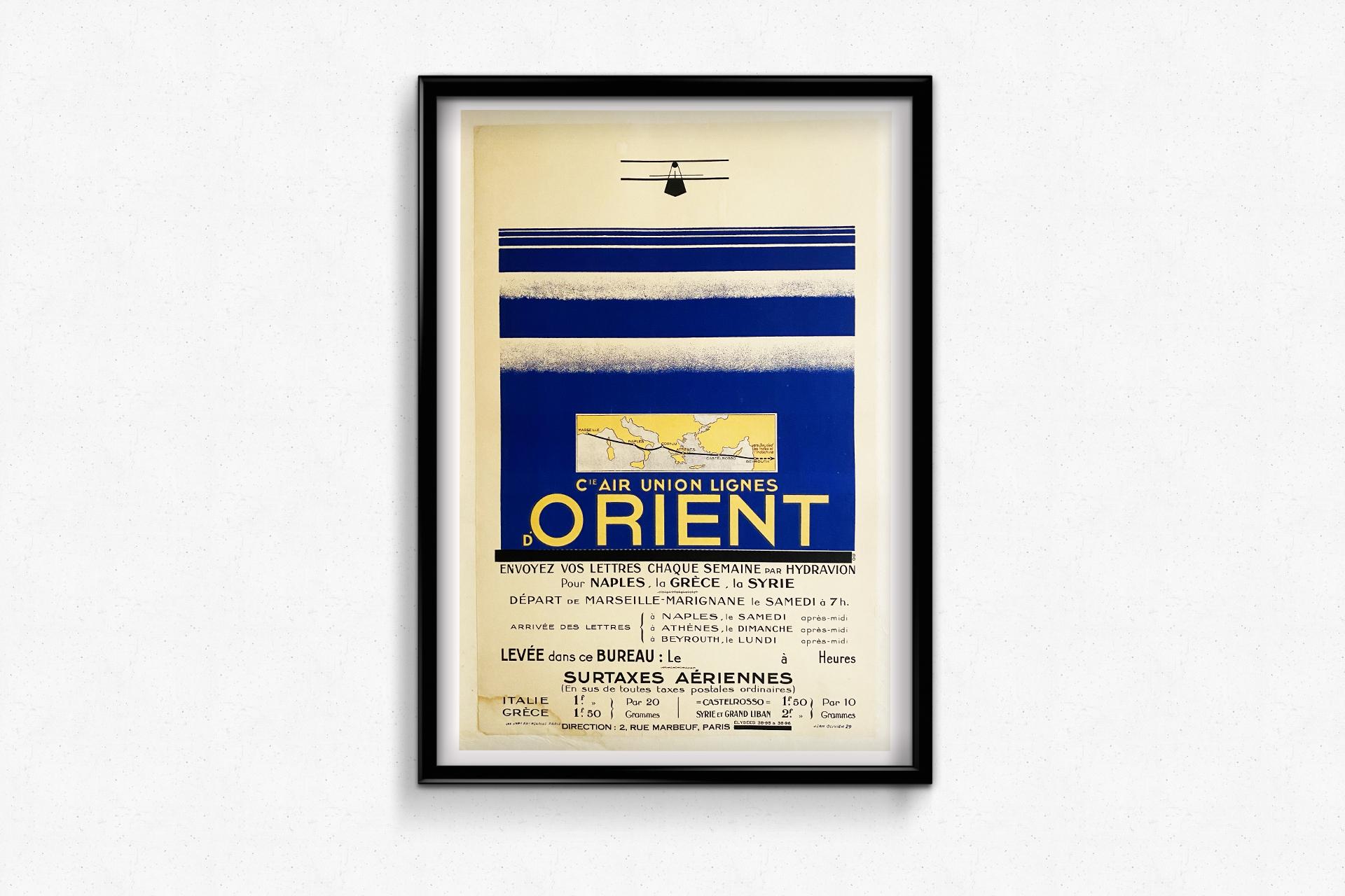 1929 Original poster by Olivier Jean for the airline Air Union lignes d'orient For Sale 1