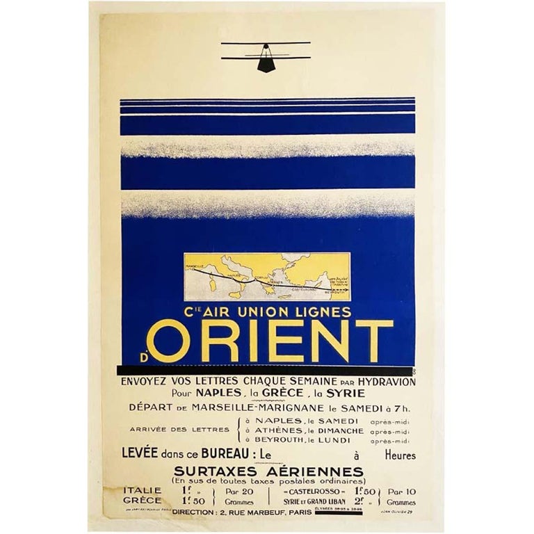 Olivier Jean - 1929 Original poster by Olivier Jean for the airline Air  Union lignes d'orient For Sale at 1stDibs