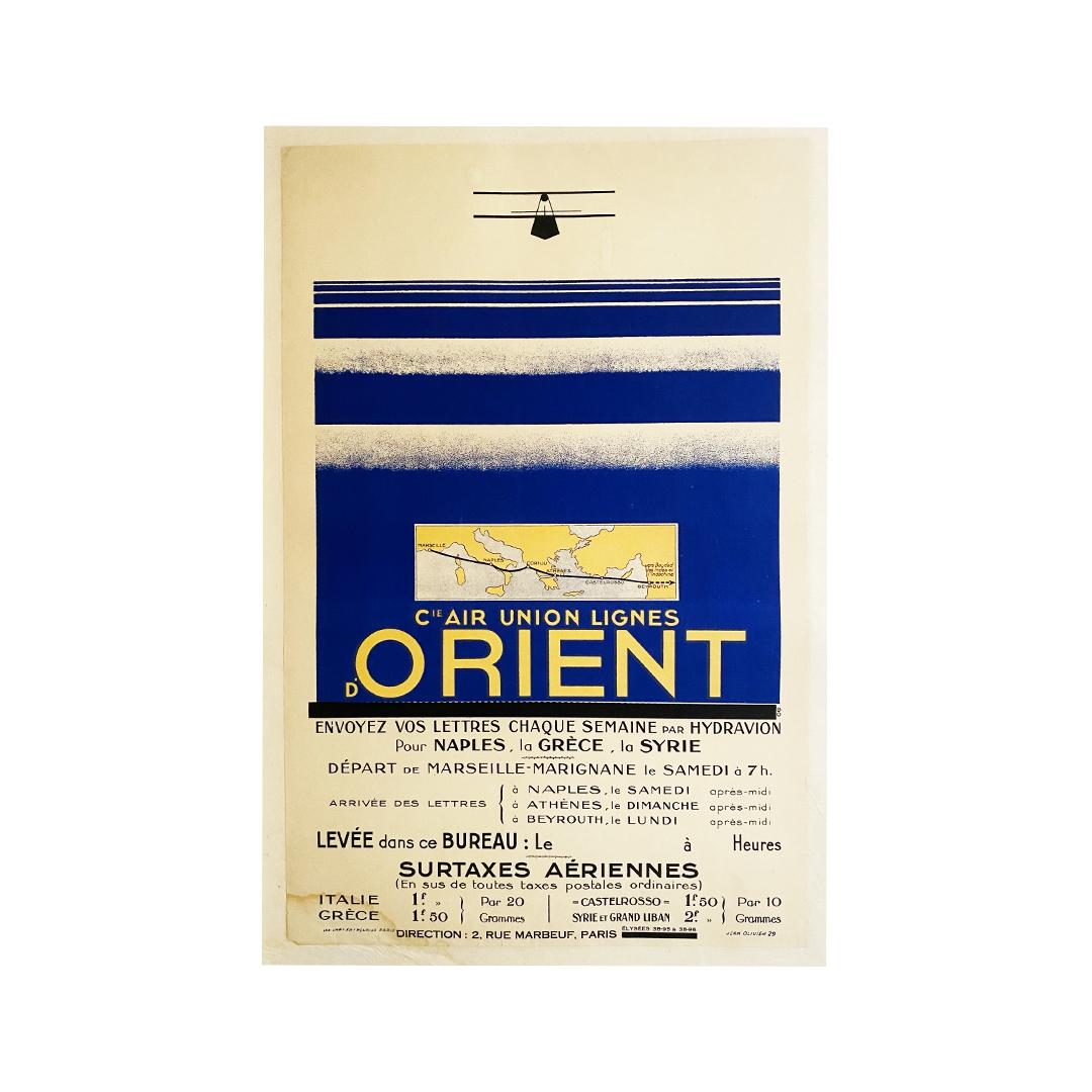 Original poster of an absolute rarity was realized by Jean Olivier in 1929, in order to promote the company Air Union and its lines of the Orient.

Air Union was a French airline founded on January 1, 1923 from the merger of the Compagnie des