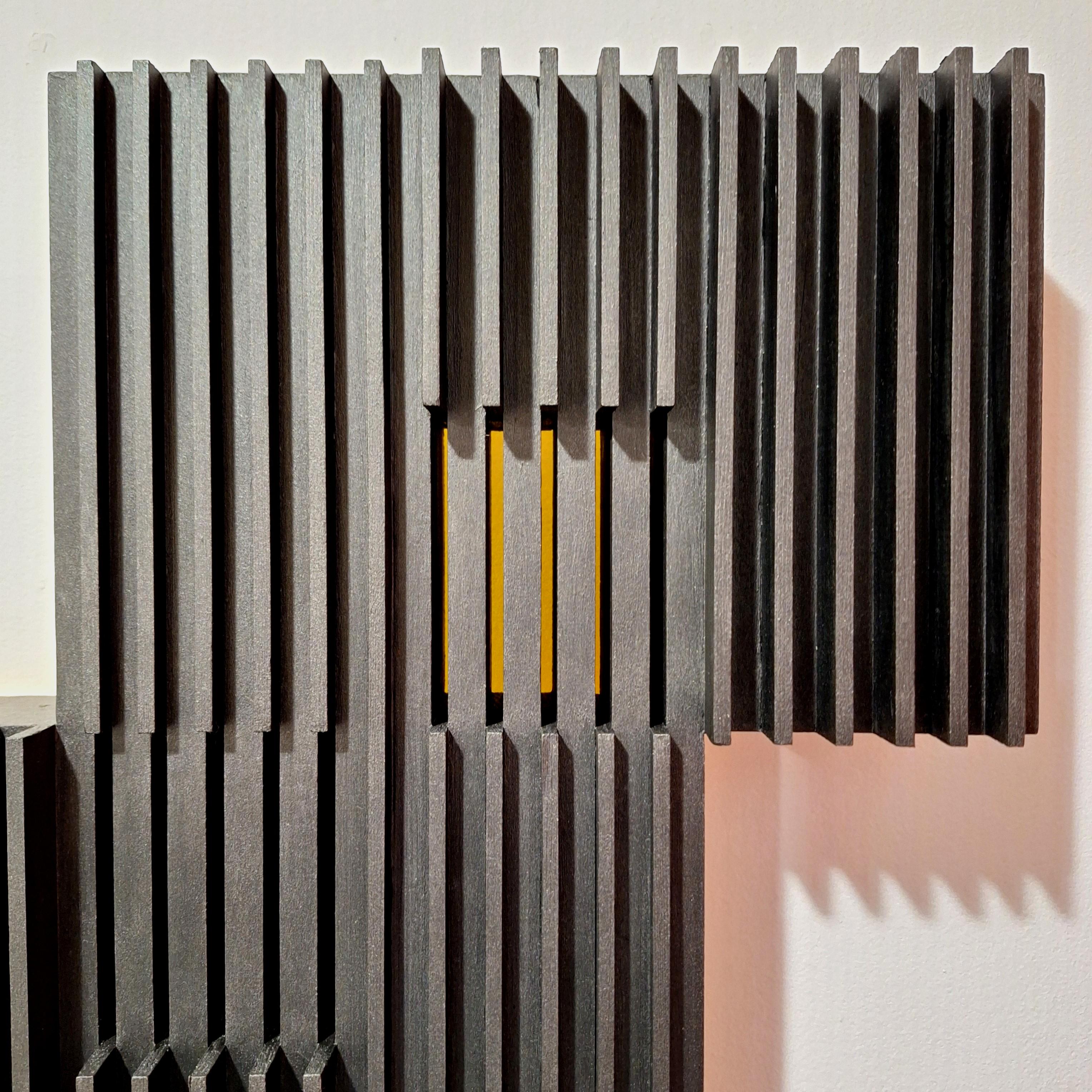 Carré vertical II is one of the latest medium size contemporary modern sculpture painting reliefs by French-Dutch artist Olivier Julia. The relief is made from dozens of individually cut, sanded and vertically assembled pieces of wood. The front
