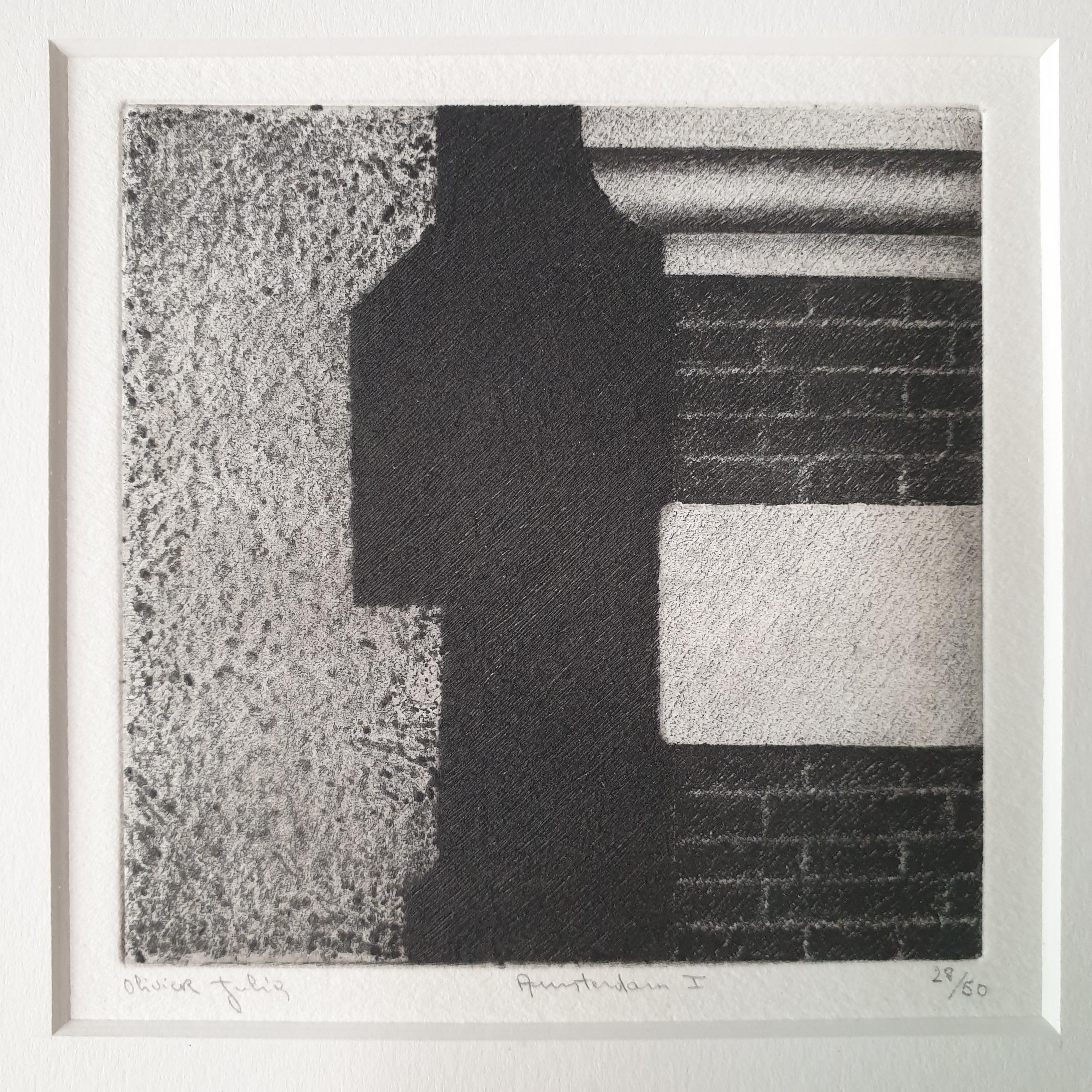 Amsterdam I is an intriguing early career aquatint dry-needle etch print by renowned French-Dutch artist Olivier Julia. It depicts a detail of an old Amsterdam house facade is both abstract and realistic at the same time. The paper used is 240 grams