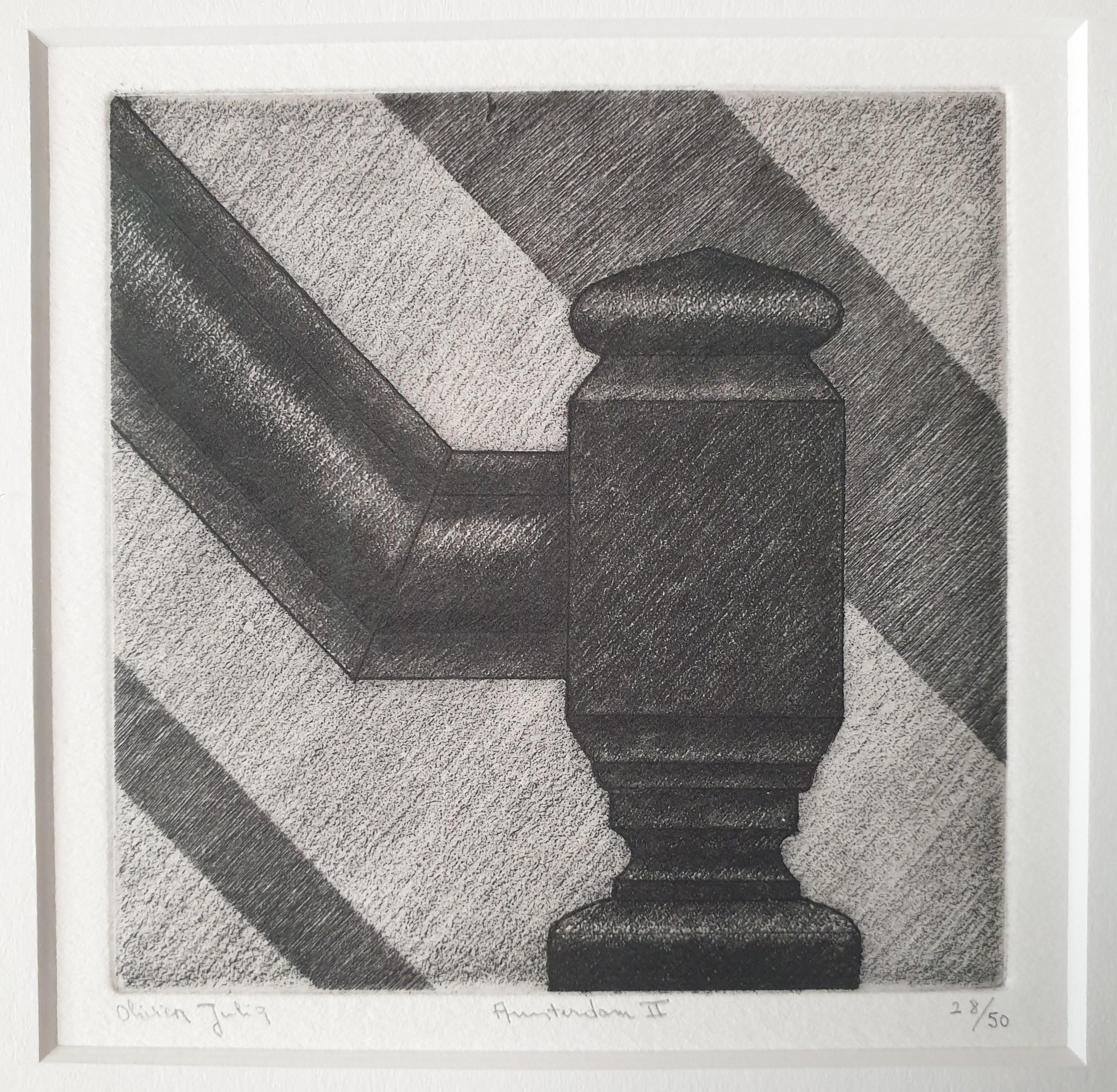 Amsterdam II is an intriguing early career aquatint dry-needle etch print by renowned French-Dutch artist Olivier Julia. It depicts a detail of an old Amsterdam house facade is both abstract and realistic at the same time. The paper used is 240