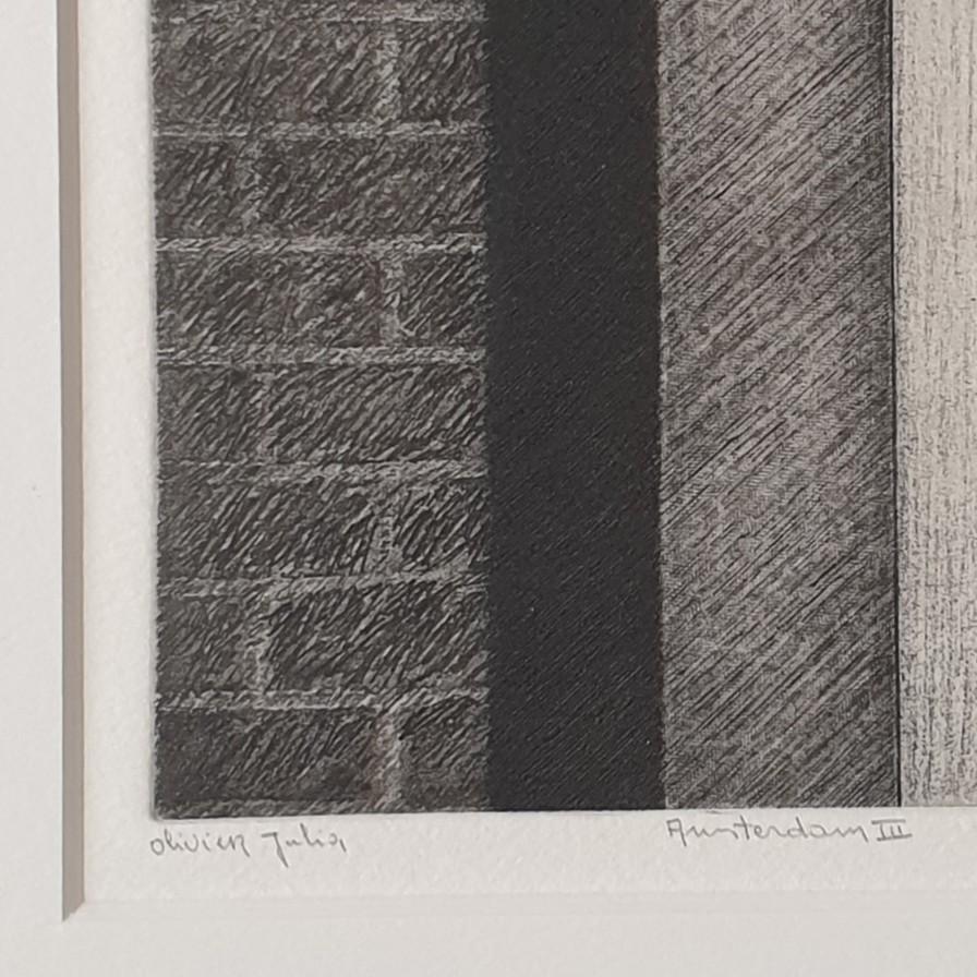 Amsterdam III ed 12/50 black-white canal house facade aquatint etch print - Gray Still-Life Print by Olivier Julia