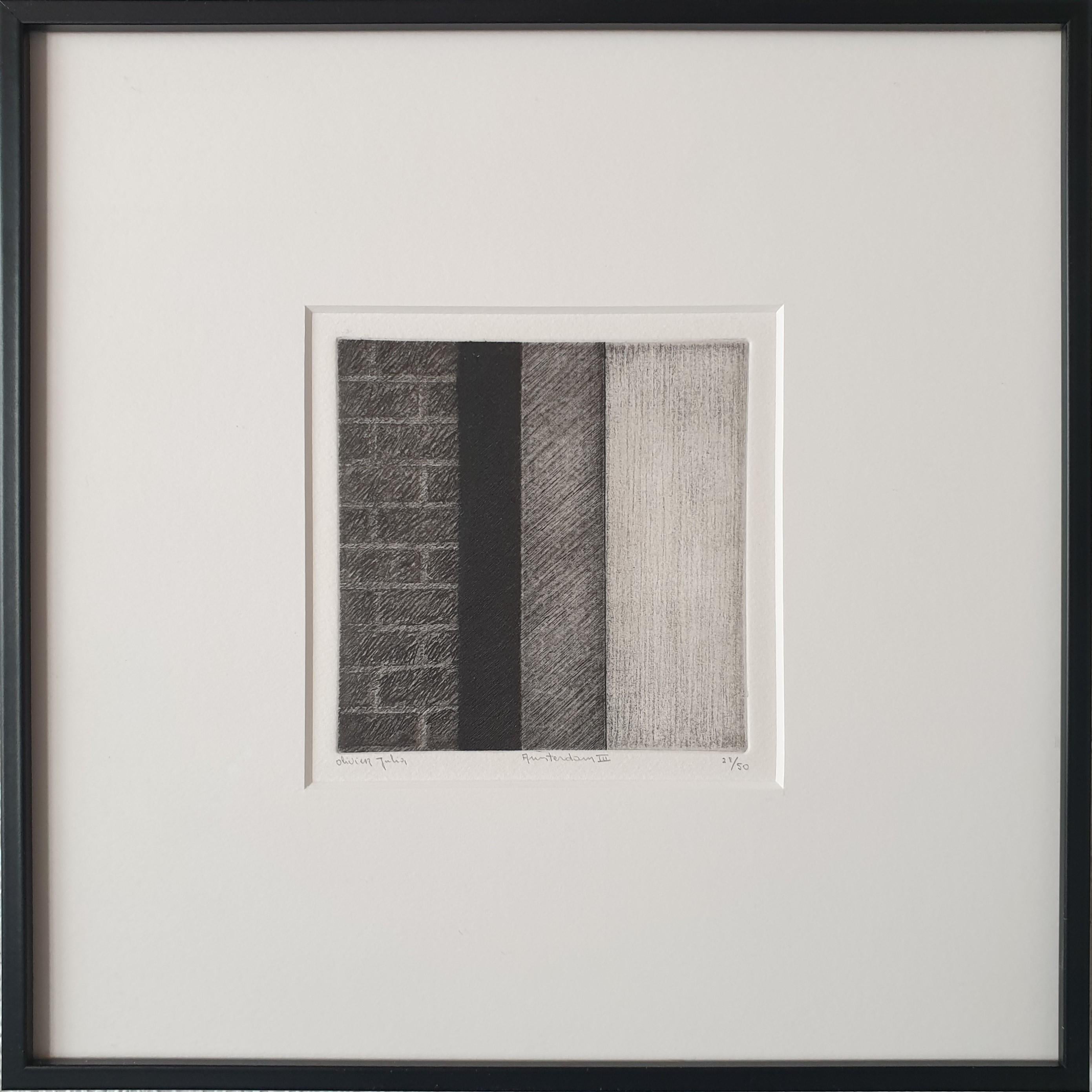 Olivier Julia Still-Life Print - Amsterdam III ed 12/50 black-white canal house facade aquatint etch print