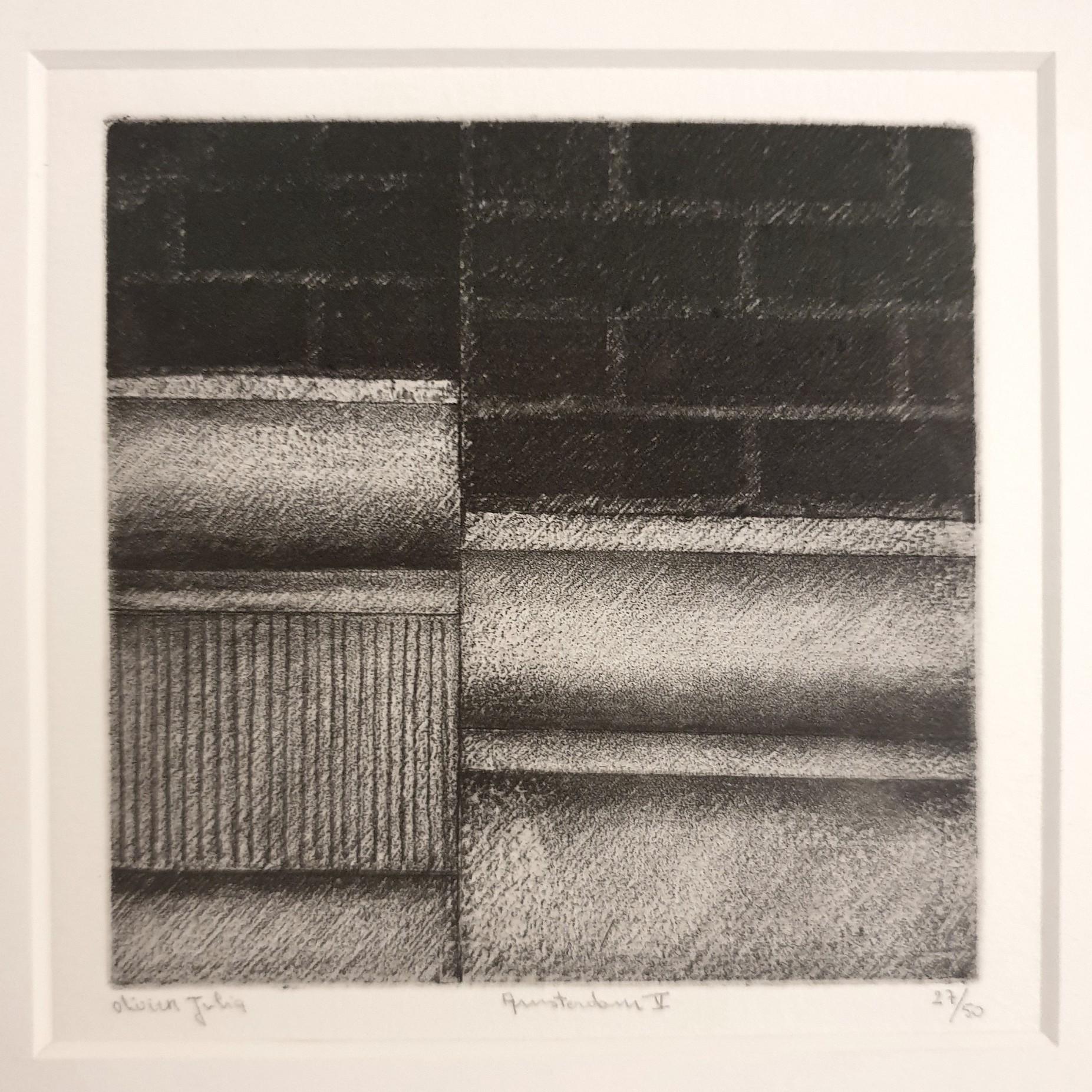 Amsterdam V ed 12/50 black-white canal house facade aquatint etch print - Contemporary Print by Olivier Julia