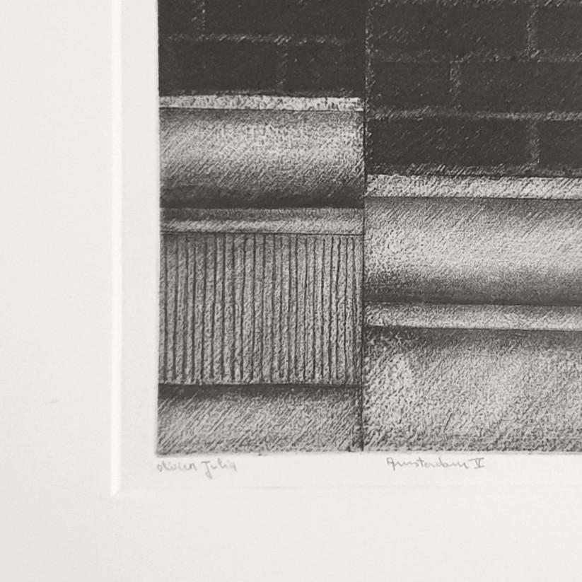 Amsterdam V ed 12/50 black-white canal house facade aquatint etch print - Beige Abstract Print by Olivier Julia