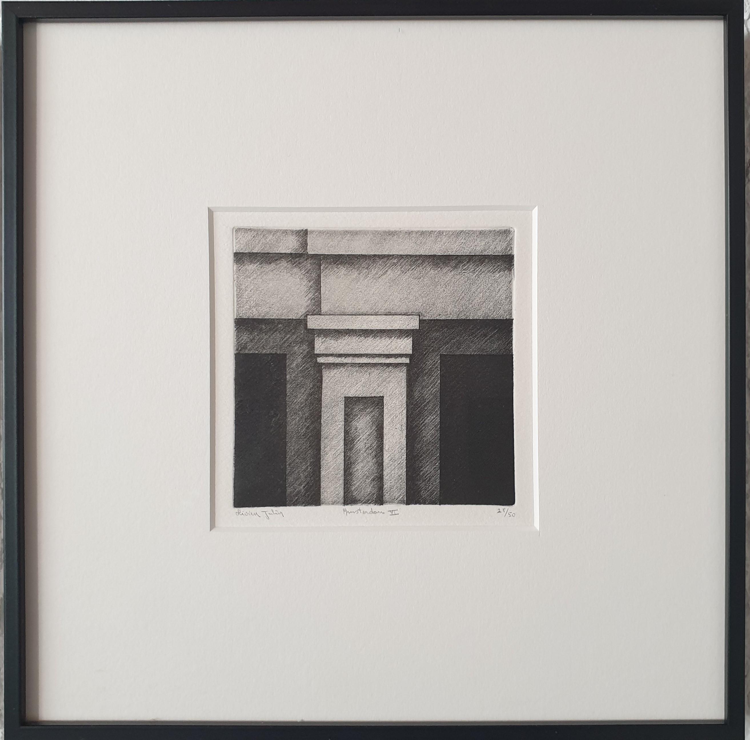Olivier Julia Still-Life Print - Amsterdam VI ed 12/50 black-white canal house facade aquatint etch print