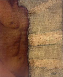 Male Nude Torso Profile Portrait Original French Signed Oil Painting