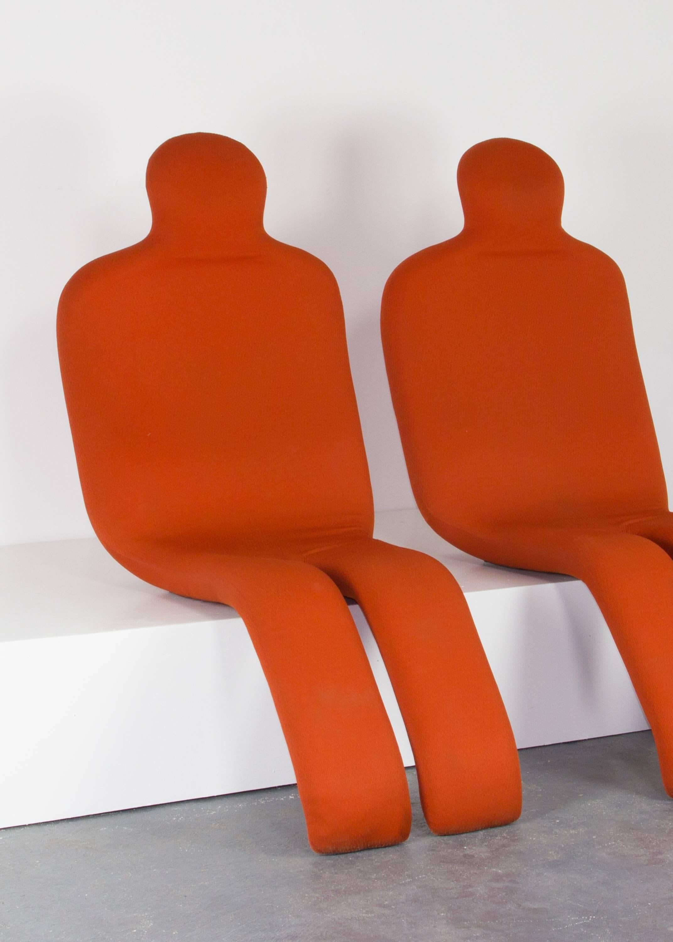 Bouloum lounge chairs by Olivier Mourgue for Arconas, upholstered in original orange-red fabric and perfectly form fitting. (One available)
 