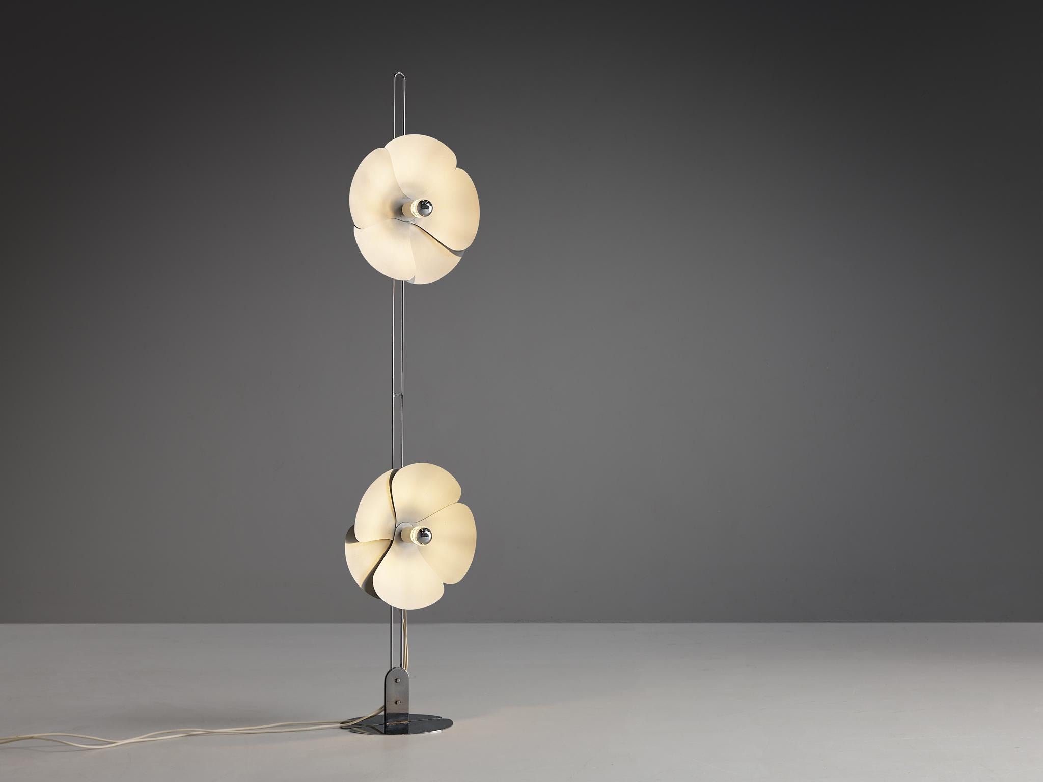Olivier Mourgue for Disderot, floor lamp model '2093-150', chrome-plated metal, brushed aluminum, France, 1969. 

A highly refined floor lamp that features a stem with two flower shaped shades, that are adjustable in their height. The shades consist