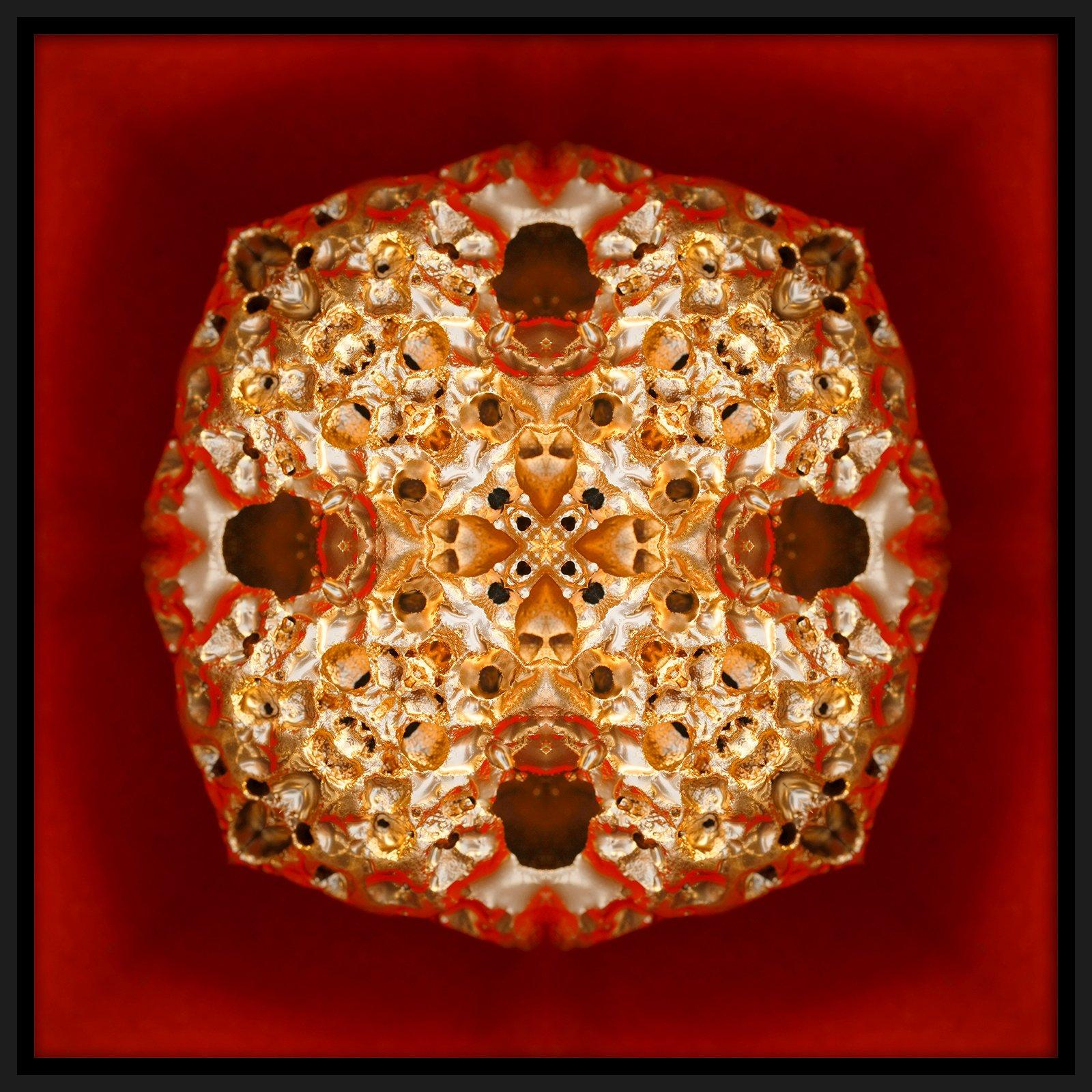 Olivier Muhlhoff Abstract Photograph - "Pépite 2", Gold Nugget on Red Semi-abstract Printed Photography on Dibond Panel