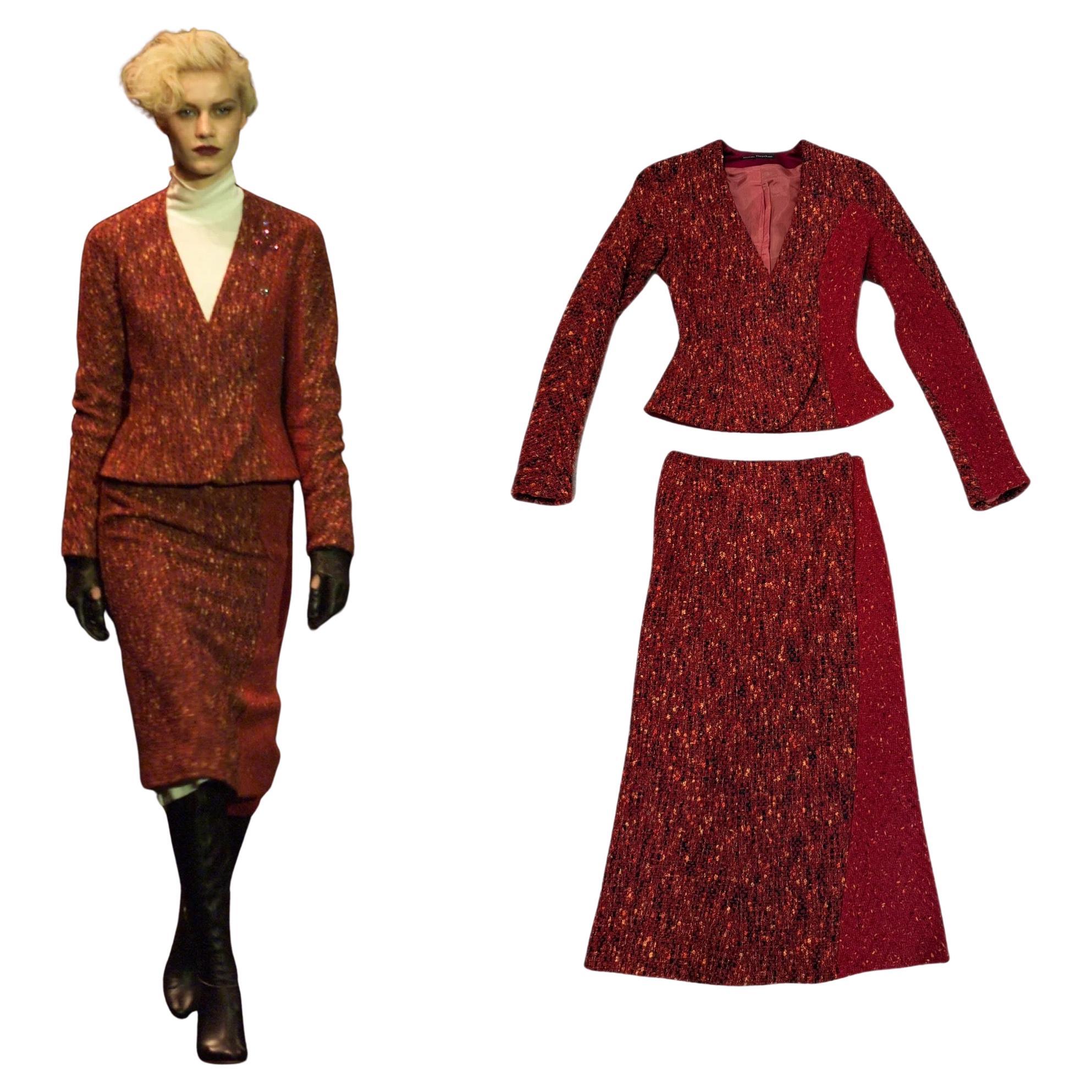 OLIVIER THEYSKENS 2001 Vintage Runway Red Orange Boucle Skirt Set For Sale