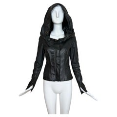OLIVIER THEYSKENS 2001 Vintage Runway Short Black Leather Jacket w. Hood Zippers